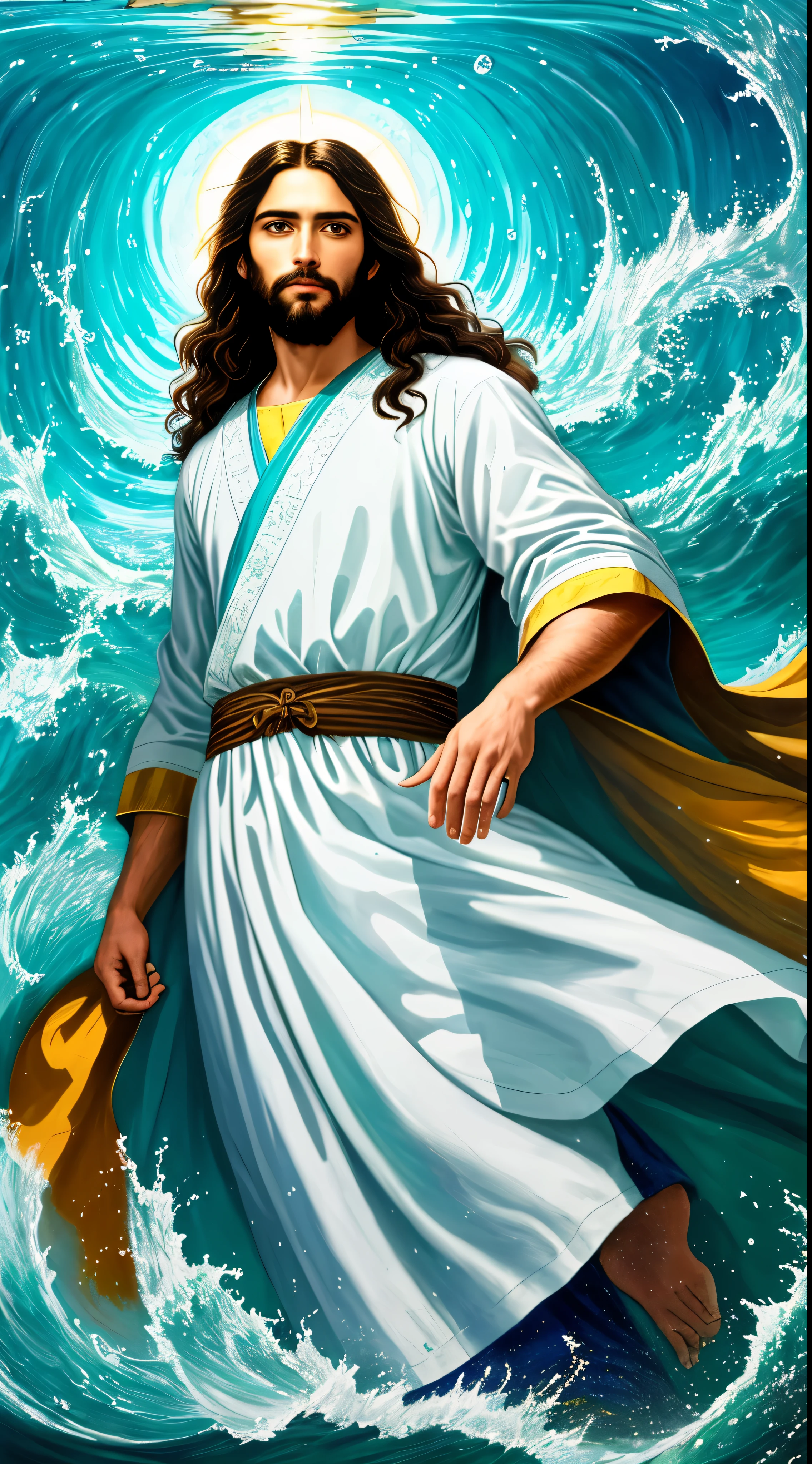 Create a breathtakingly detailed image of Jesus with a serene countenance and tranquil aura. The natural lighting illuminates each intricate feature of his face, from the fine lines around his eyes to the delicate curves of his nose. The vibrant colors of his robe stand out against the backdrop of crystal clear turquoise water. The dynamic interplay of bright sunlight on the water creates a sense of depth and movement, adding to the overall vibrancy of the scene. The peaceful waves gently lap against the shore, adding to the serene atmosphere of the image. Details such as the texture of Jesus's hair and the intricate patterns on his robe are brought to life with extreme attention to detail