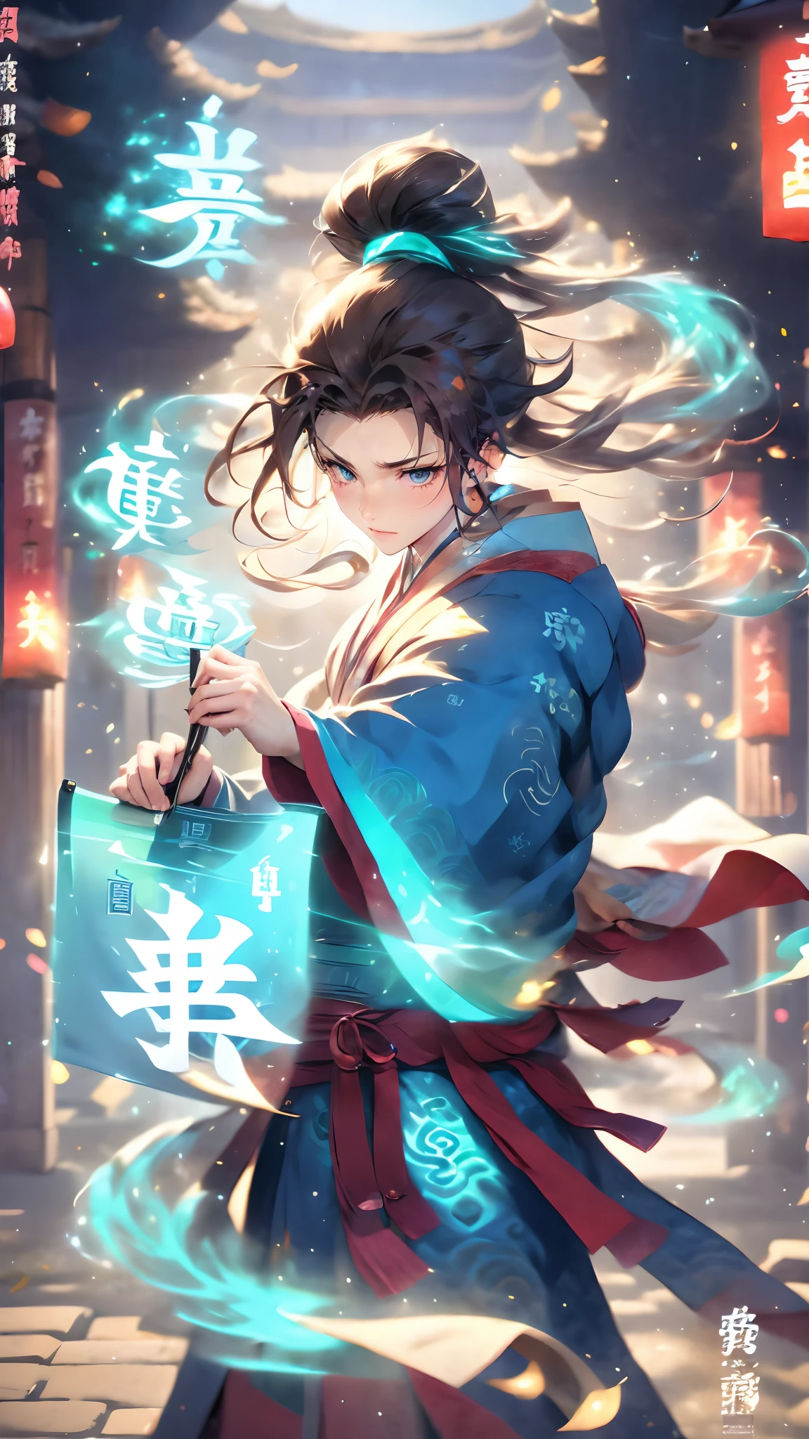 (masterpiece, best quality:1.2),Wen Dao Sheng Zun, blue eyes,1boy,Glowing Text,Energy Text,Transparent text,Surrounding Blue Energy Fluid and Energy Text,Multiple light spots,smoke,Combat posture,dawn,Holding a brush in hand,Upper body,The ancient Chinese architecture behind it,Blue and red Hanfu, electricity, holding, long hair, long sleeves, magic, male focus,High ponytail, solo, wide sleeves,Bundled hair,wind