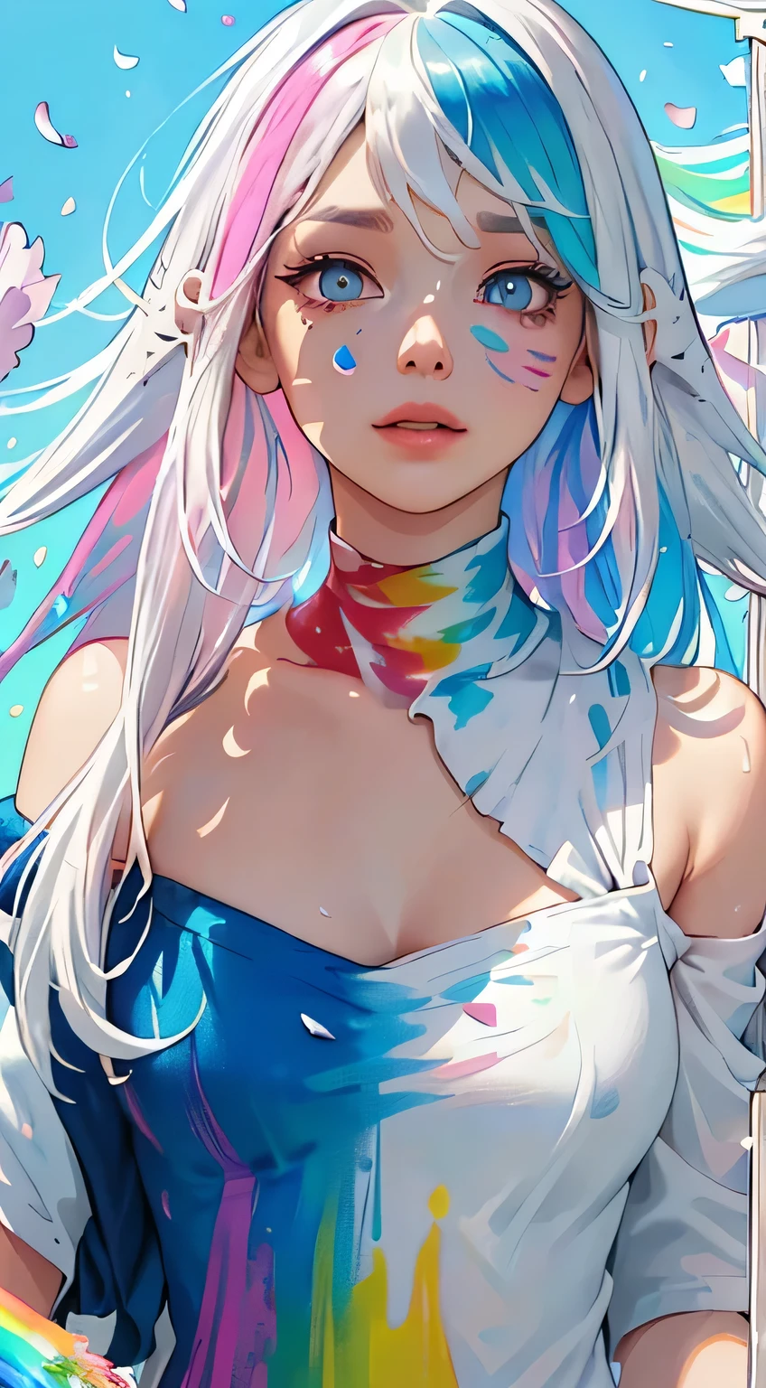 (Pink Fashion T-shirt:1.9),(Colorful hair: 1.8), (all the colours of the rainbow: 1.8),(((((vertical painting:1.6))), (painting:1.6),front, comics, illustrations, paintings, large eyes, crystal clear eyes,( rainbow color gradient high ponytail:1.7), exquisite makeup, closed mouth,(Small Fresh: 1.5),(Wipe Chest: 1.6) ,long eyelashes, white off shoulder T-shirt, White Shoulder Shirt,looking at the audience, large watery eyes, (rainbow colored hair:1.6), color splash, (solo:1.8), color splash, color explosion, thick paint style, messy lines, ((shining)),(colorful), (colorful), (colorful), colorful, Thick Paint Style, (Splash) (Color Splash), Vertical Painting, Upper Body, Paint Splash, Acrylic Pigment, Gradient, Paint, Highest Image Quality, Highest Quality, Masterpiece, Solo, Depth of Field, Face Paint, colorful clothes, (Elegant: 1.2), gorgeous,long hair, wind, (Elegant: 1.3), (Petals: 1.4),(((masterpiece))),(((best quality))),((ultra-detailed)),(illustration),(dynamic angle),((floating)),(paint),((disheveled hair)),(solo),(1girl) , (((detailed anima face))),((beautiful detailed face)),collar,bare shoulders,white hair, ((colorful hair)),((streaked hair)),beautiful detailed eyes,(Gradient color eyes),(((colorful eyes))),(((colorful background))),(((high saturation))),(((surrounded by colorful splashes))),