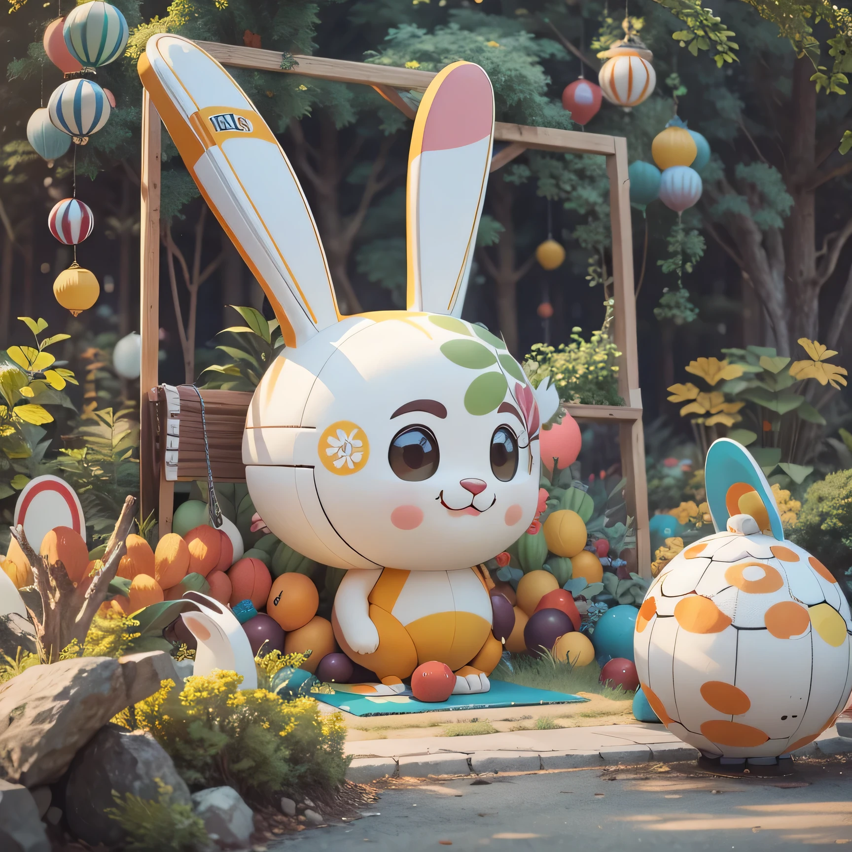 Giant cute animal cartoon art installation，Colorful combination，big rabbit，slideshow，basketball hope，Various cute elements，Full of innocence, This is a good place to check in and take photos.，3D modeling，In line with the aesthetics of young people，actual，full view，Suitable for commercial exhibition display