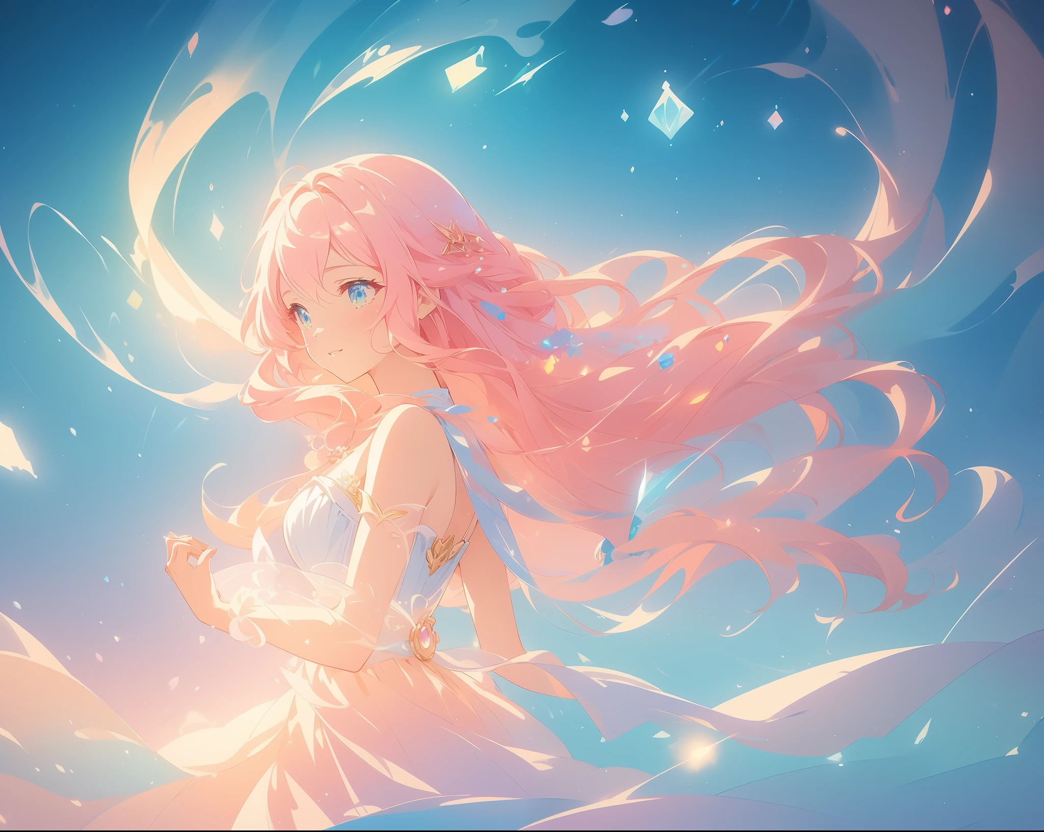 beautiful girl in puffy white tutu dress, vibrant pastel colors, (colorful), magical lights, long flowing pink hair, inspired by Glen Keane, inspired by Lois van Baarle, disney art style, by Lois van Baarle, glowing aura around her, by Glen Keane, jen bartel, glowing lights! digital painting, flowing glowing hair, glowing flowing hair, beautiful digital illustration, fantasia background, whimsical, magical, fantasy, beautiful face, ((masterpiece, best quality)), intricate details, highly detailed, sharp focus, 8k resolution, sparkling detailed eyes, liquid watercolor