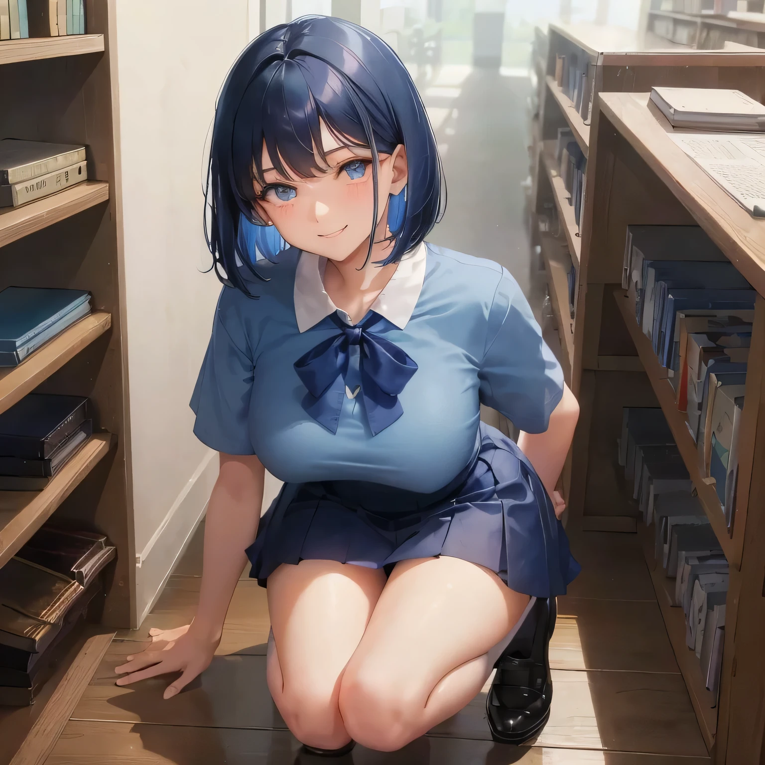 1 high school girl　17 year old female　bob cut　dark blue hair color　high school uniform　Light blue Y-shirt　short sleeve　blue ribbon　dark blue hair color　slender body shape　big breasts　full body portrait　学校のlibrary　smile gently　cheerful look　library　hand sign　squat　kneel down　look up here　