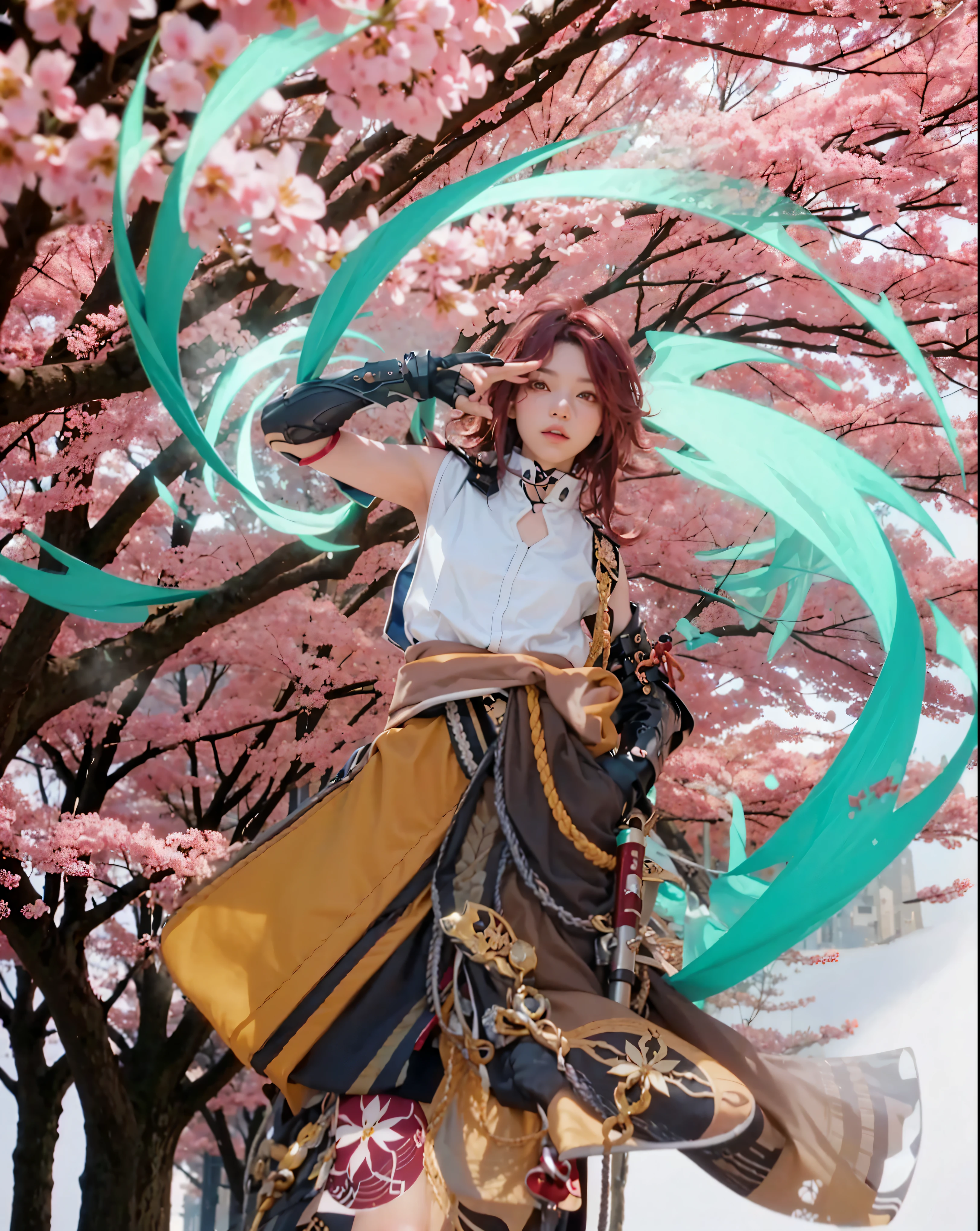 ((HEIZOU_GENSHIN IMPACT),((realistic, photorealistic)),(highlight hair)), Light reflection, (( HD )),((upper body)), (((best quality, masterpiece))), (masterpiece) (best quality) (detail) (8k) (HDR) (wallpaper) (cinematic lighting) (sharp focuasterpiece, best quality: 1.1), Real life adaption of this character, Asian teen beauty face, Shining green eyes, realistic outfit, realistic shadow, realistic light, realism, hyper realistic, realistic background,(photorealistic:1.2), 1man,Sakura tree background, foreground cherry blossoms, floating cloak, glow effect, vortex,