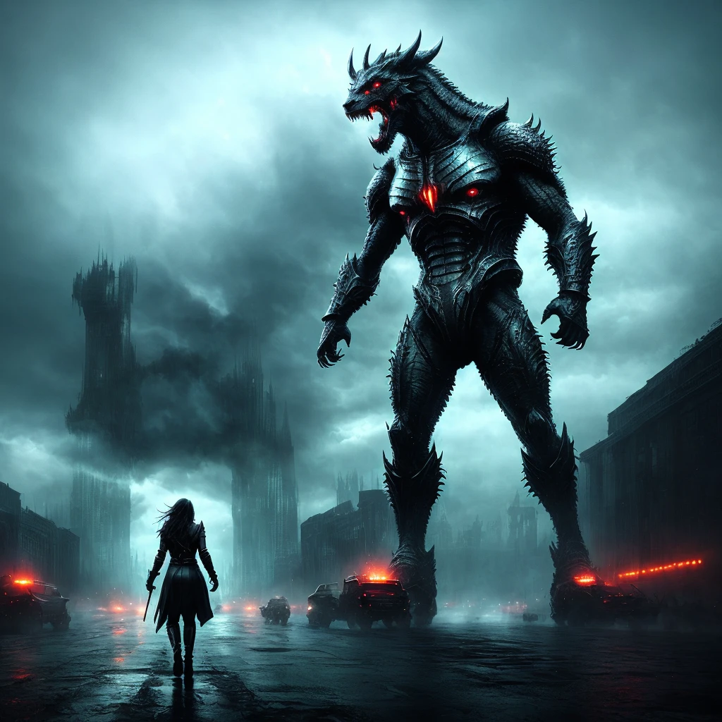 (a massive, towering creature),(best quality),detailed,menacing presence,monstrous proportions,sharp claws and teeth,wild,otherworldly,scaly skin,ferocious,beastly,ominous atmosphere,shadows and darkness,intense lighting,majestic,nightmarish,mythical creature,evokes fear and awe,creature of legends,horror,ancient and powerful,roaring,tremendous strength(horrifyingly real),fantastical,dramatic background,dystopian setting,visionary artist,breathtaking,awe-inspiring,monolithic,powerful presence,ominous mist,creepy,unearthly,dominating the landscape,surreal,unstoppable force,thunderous footsteps.