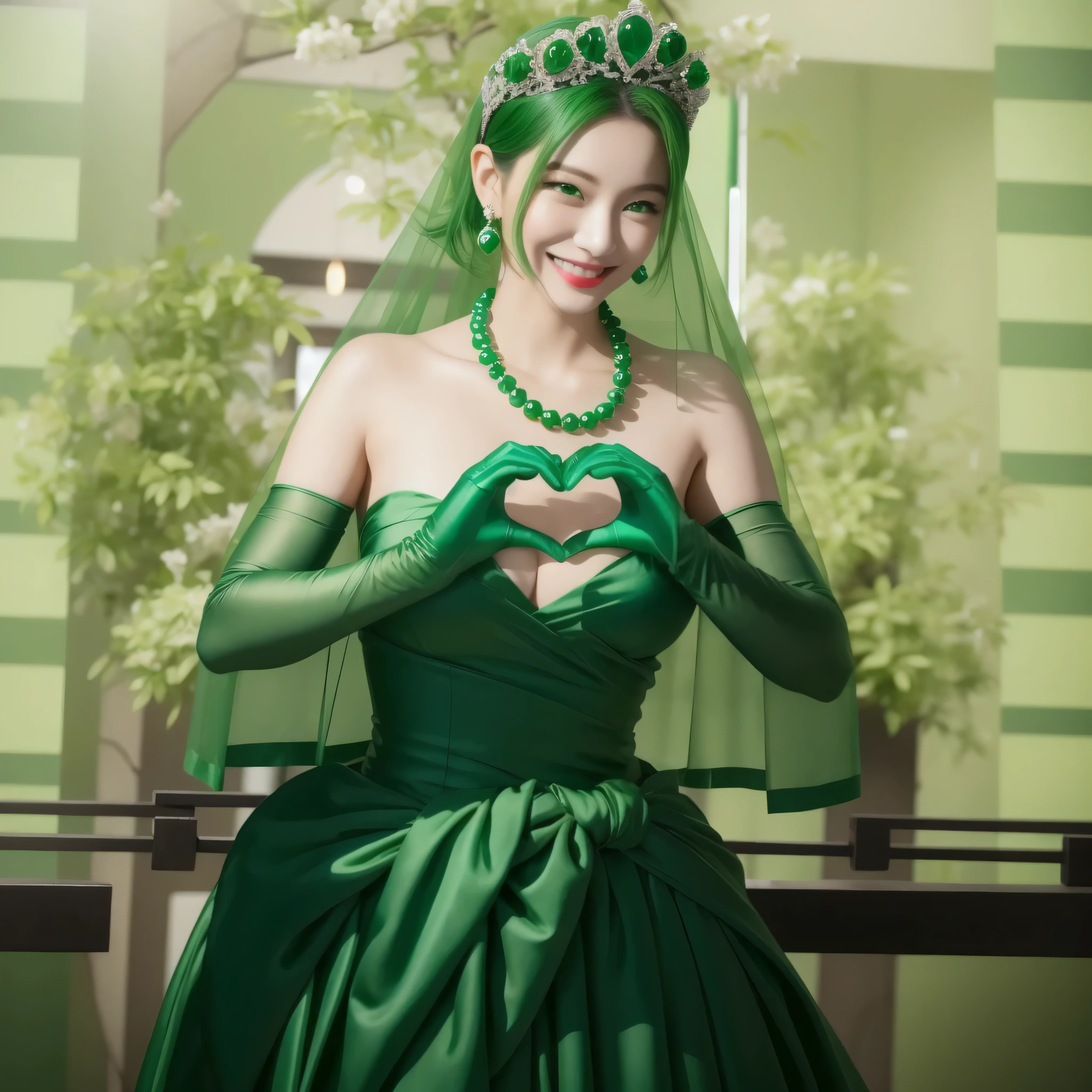 emerald tiara, Green Pearl Necklace, ボーイッシュな非常に短いgreen hair, green lips, smiling Japanese woman, very short hair, Beautiful woman with big breasts, green eyes, green satin long gloves, green eyes, emerald earrings, Green veil, Heart with both hands, green hair, beautiful japanese woman, heart shaped hands:1.3, green lip gloss