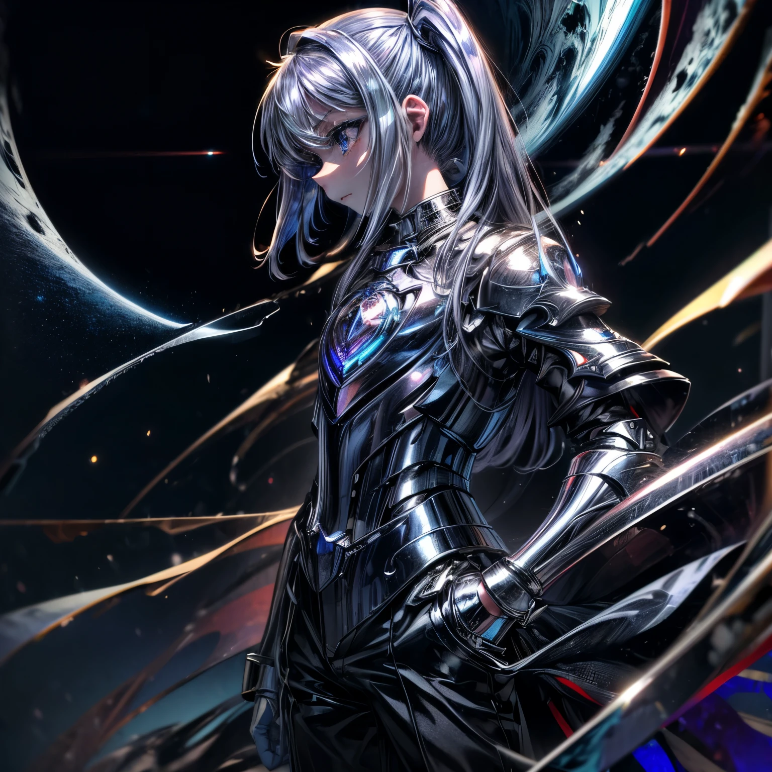 ((masterpiece、highest quality、Super fine、High resolution))、Nyaruko、solo、beautiful girl、blue eyes、15 years old、white skin、silver long hair、metal armor、universe、Keep your hands in your pants pockets、Chest does not move、Turn your back、profile、
