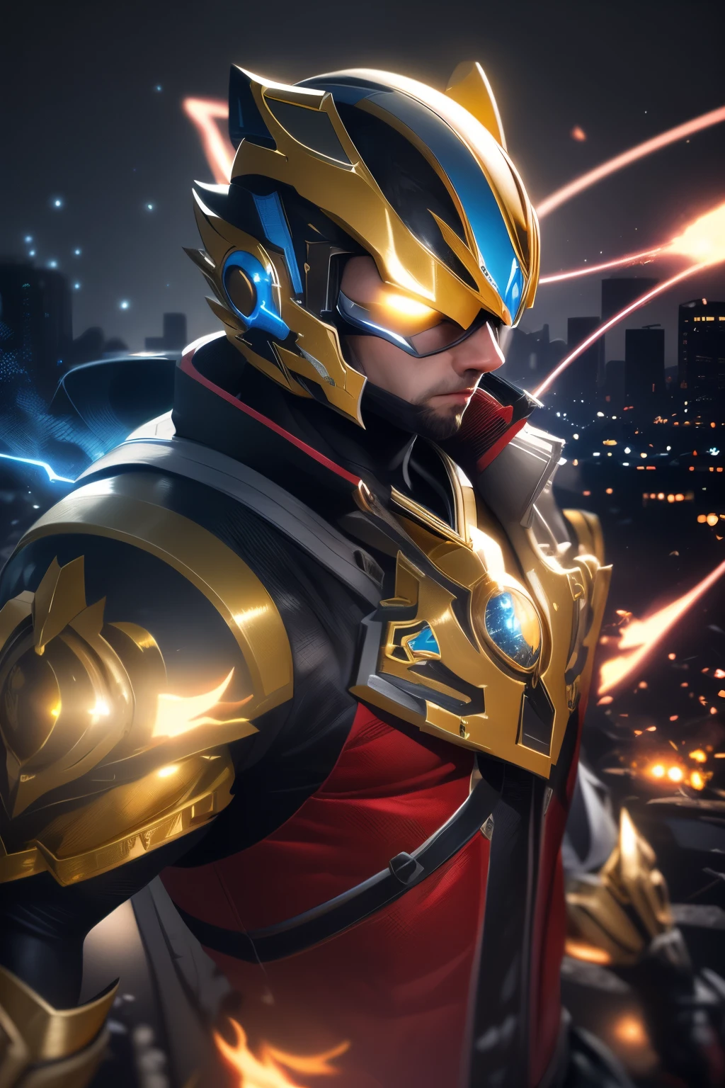 gloomy portrait of Gold Ranger from Power Rangers, extremely detailed, futuristic cityscape, nighttime, glowing neon lights, smoke, sparks, metal shavings, flying debris, blue energy effects, volumetric light