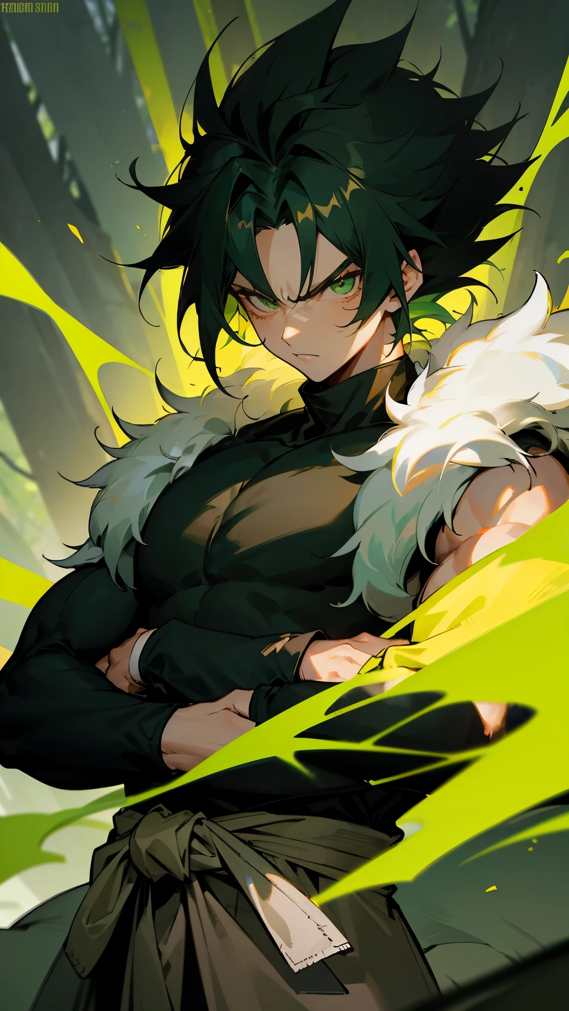 Black Hair , Messy Hair , Short Hair , Tight Longsleeve Black Shirt , Muscular , White Fur Trim Wrist-guards , Animal Pelt around waist , Forest Background , Serious Expression , Adult Male , Legendary Super Saiyan Hair , Bright Green Hair , Green Eyes , Angry Expression