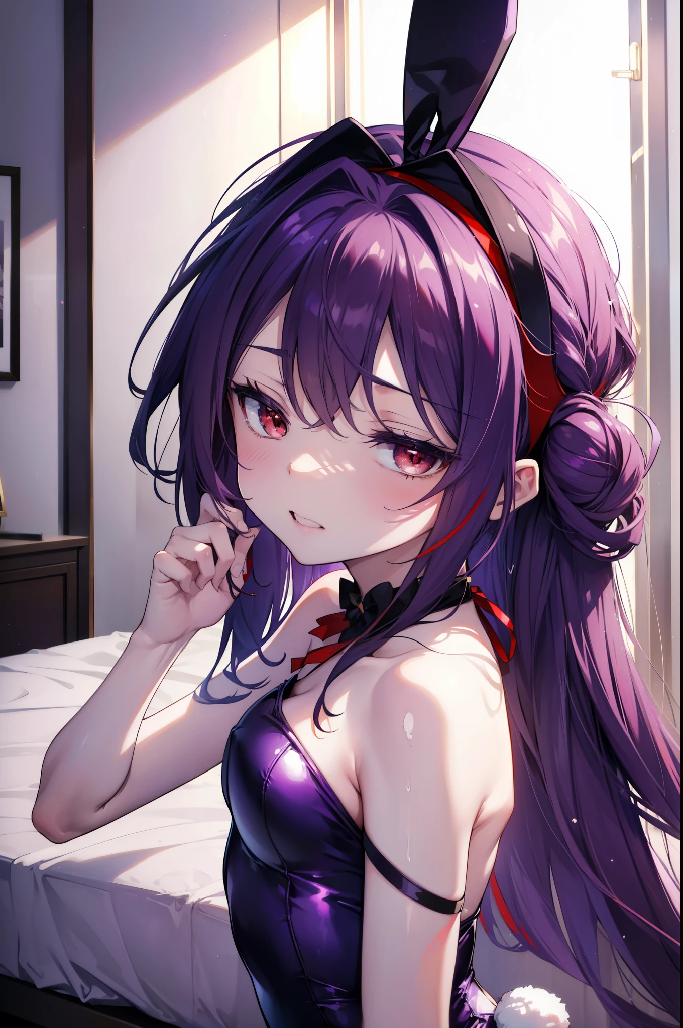 yuukikonno, Yuki Konno, hair band, long hair, pointed ears, purple hair, (red eyes:1.5), (small breasts:1.2), open your mouth,grinning purple leotard,purple bunny ears headband,barefoot,Pin Heel Heel,(Bunny girl:1.5),(purple playboy bunny:1.0),sexy pose on bed,
break looking at viewer, Upper body, whole body,
break indoors, Bedroom,
break (masterpiece:1.2), highest quality, High resolution, unity 8k wallpaper, (figure:0.8), (detailed and beautiful eyes:1.6), highly detailed face, perfect lighting, Very detailed CG, (perfect hands, perfect anatomy),