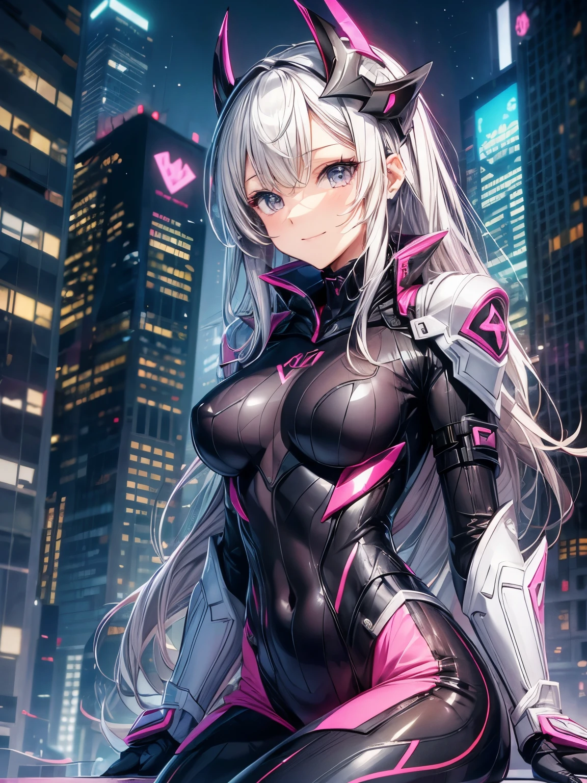highest quality、All limbs、full finger、Slender beauty、1 female、woman wearing black and pink suit, streamlined pink armor, smooth pink armor, full body suit, cyber suit, matte pink armor, skyscrapers at night、big smile、sexy pose、sit