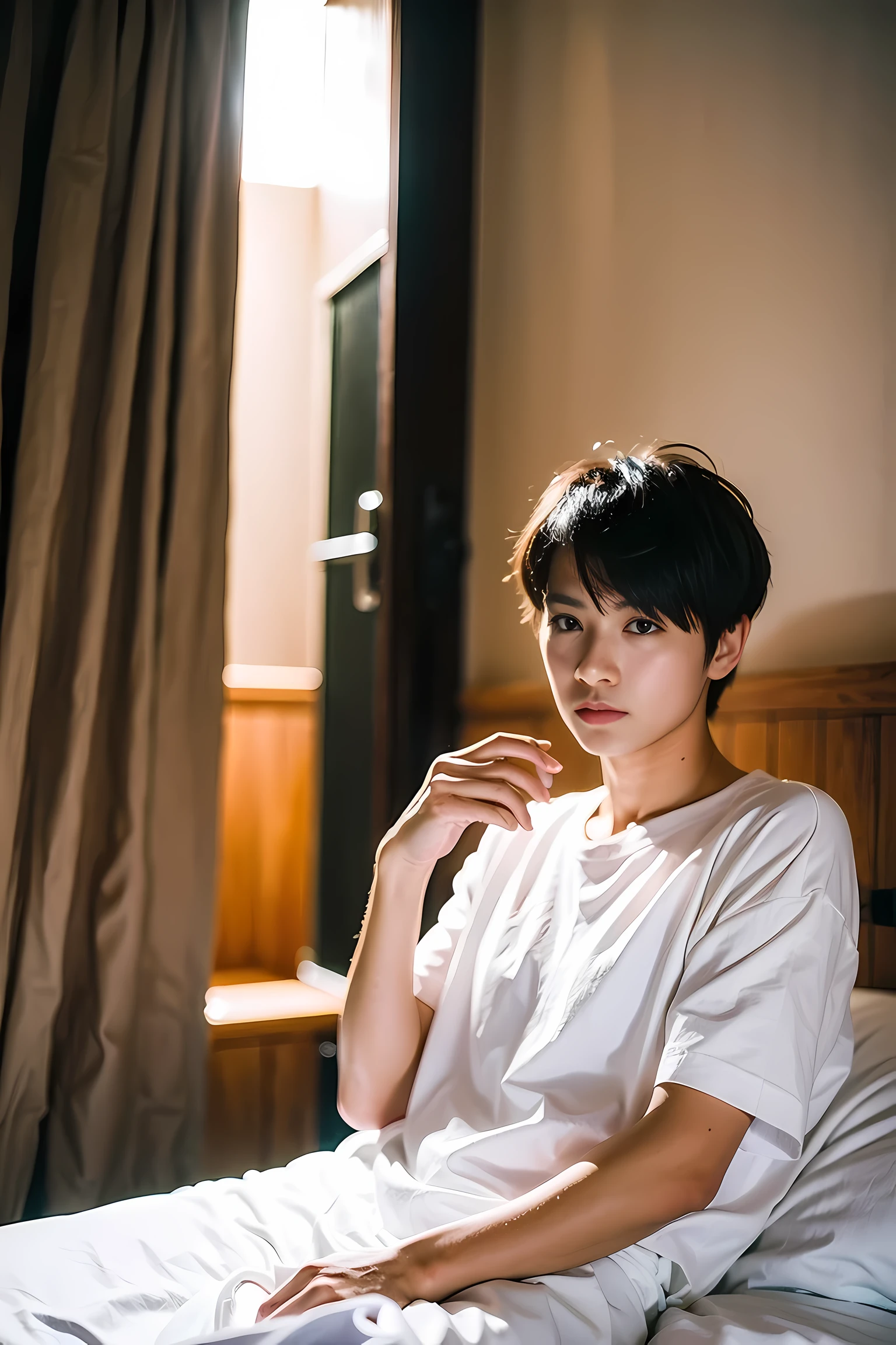 Realistic photography, 8k ,Handsome young tomboy , short hair , hotel bedroom