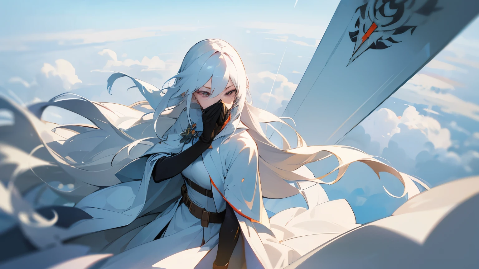 "I wish for an image portraying my character as an anti-hero. She is a woman with long and white hair, descending from the sky. she is a soldier. She is wearing a mask that cover his face.