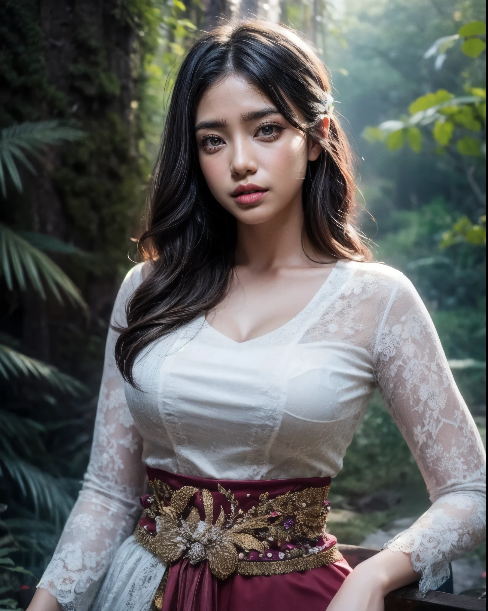 Create a photorealistic masterpiece of a beautiful woman with long hair wearing traditional Indonesian kebaya attire. Set her against a dark, forest backdrop with a captivating glow in the background and bokeh effect. Ensure the image quality is 8K with ultra-realistic details.,kebaya,kebaya indonesia