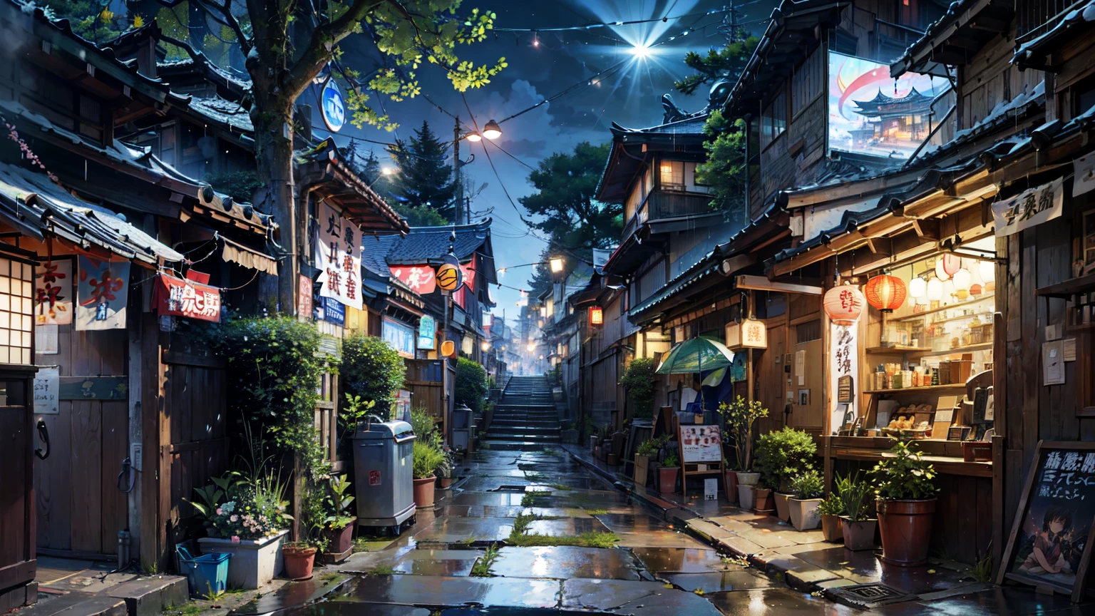 Anime scenery of a street with a lot of buildings and lights - SeaArt AI