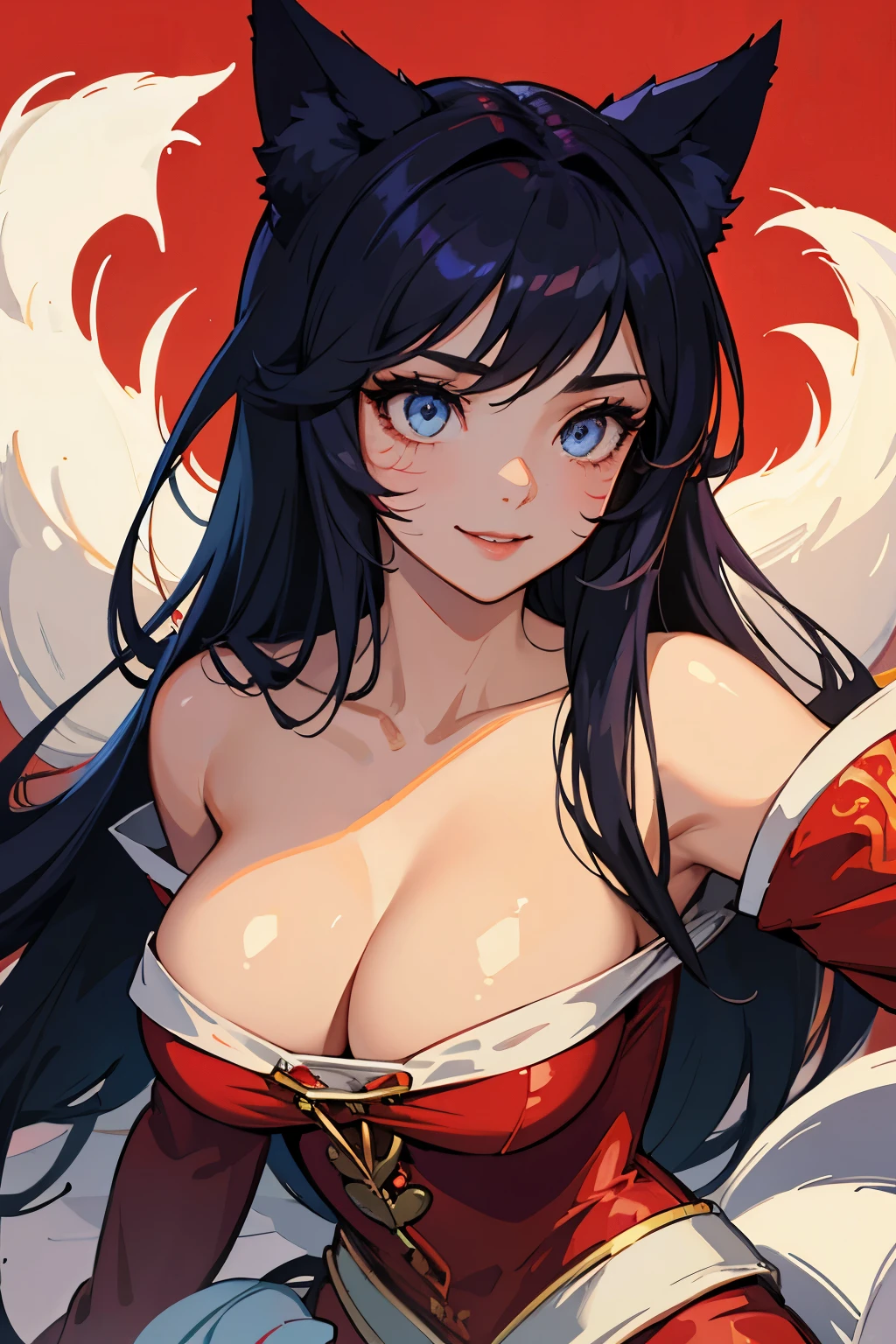 (masterpiece), best quality, expressive eyes, perfect face, busty, cleavage, large breasts, smile, simple red background, ahri, sexy skimpy, plunging neckline, fox tail, multiple tails