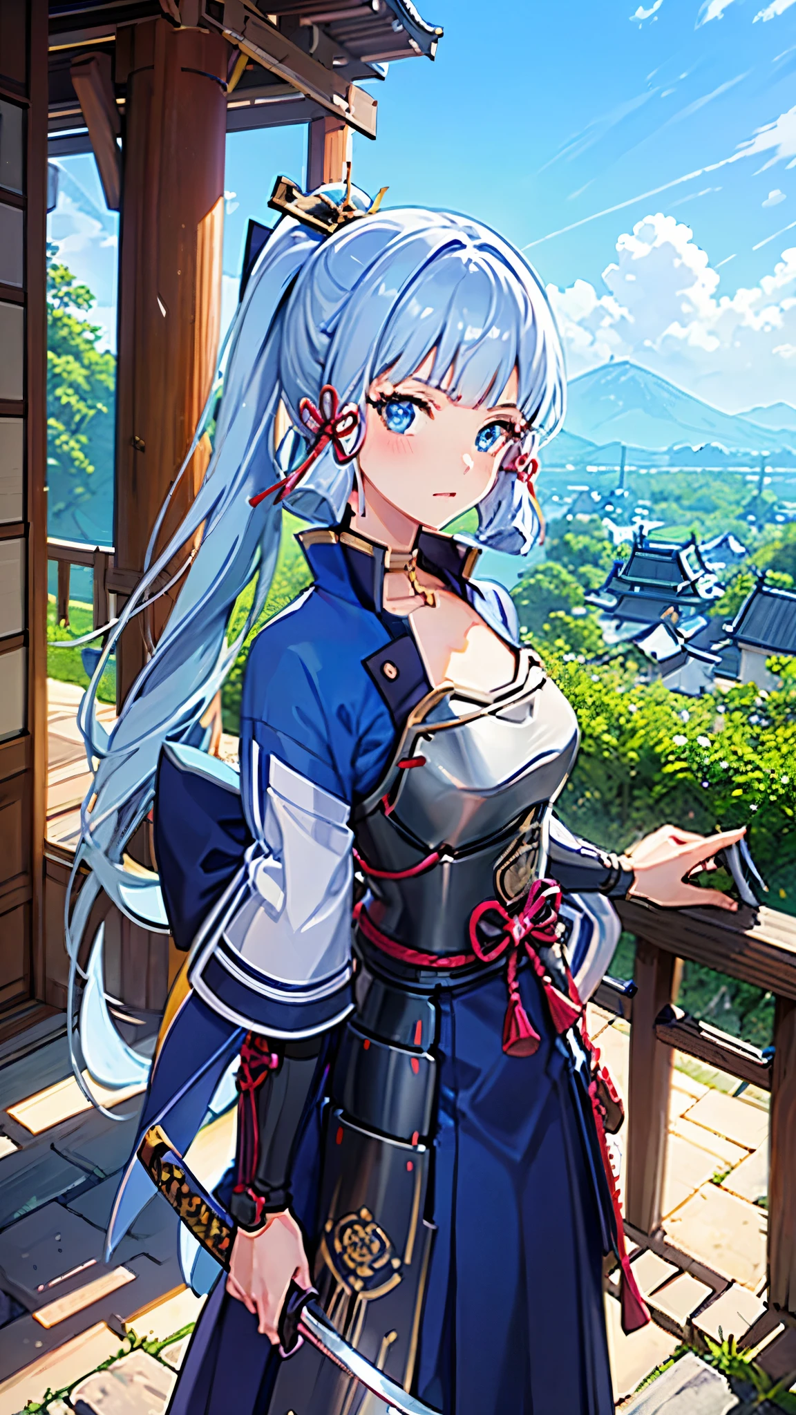 look at viewer, 1 girl,  best quality, blue hair, blue eyes, Japanese-style armor, sword in hand, Electrical, kamisato ayaka, whole body, blush, serious face、Super detailed、High level image quality、High resolution、Depth of the bounds written、castle town,Japanese sword with long blade