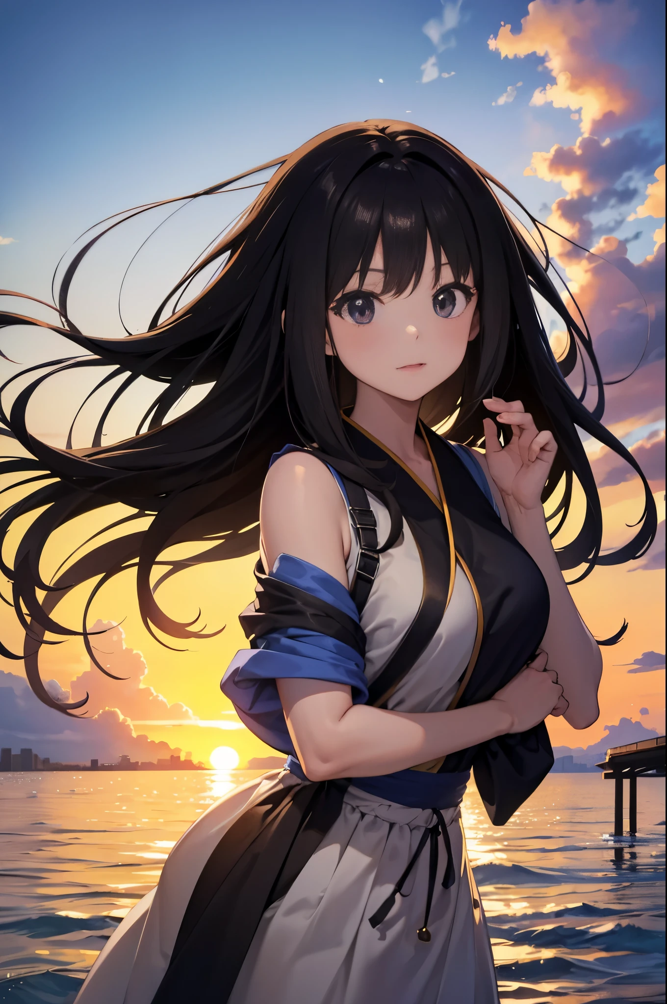 Image Quality original characters、city girl、summer clothing、long black hair、A city made of Japanese glass wind chimes、huge entrance cloud、sunset