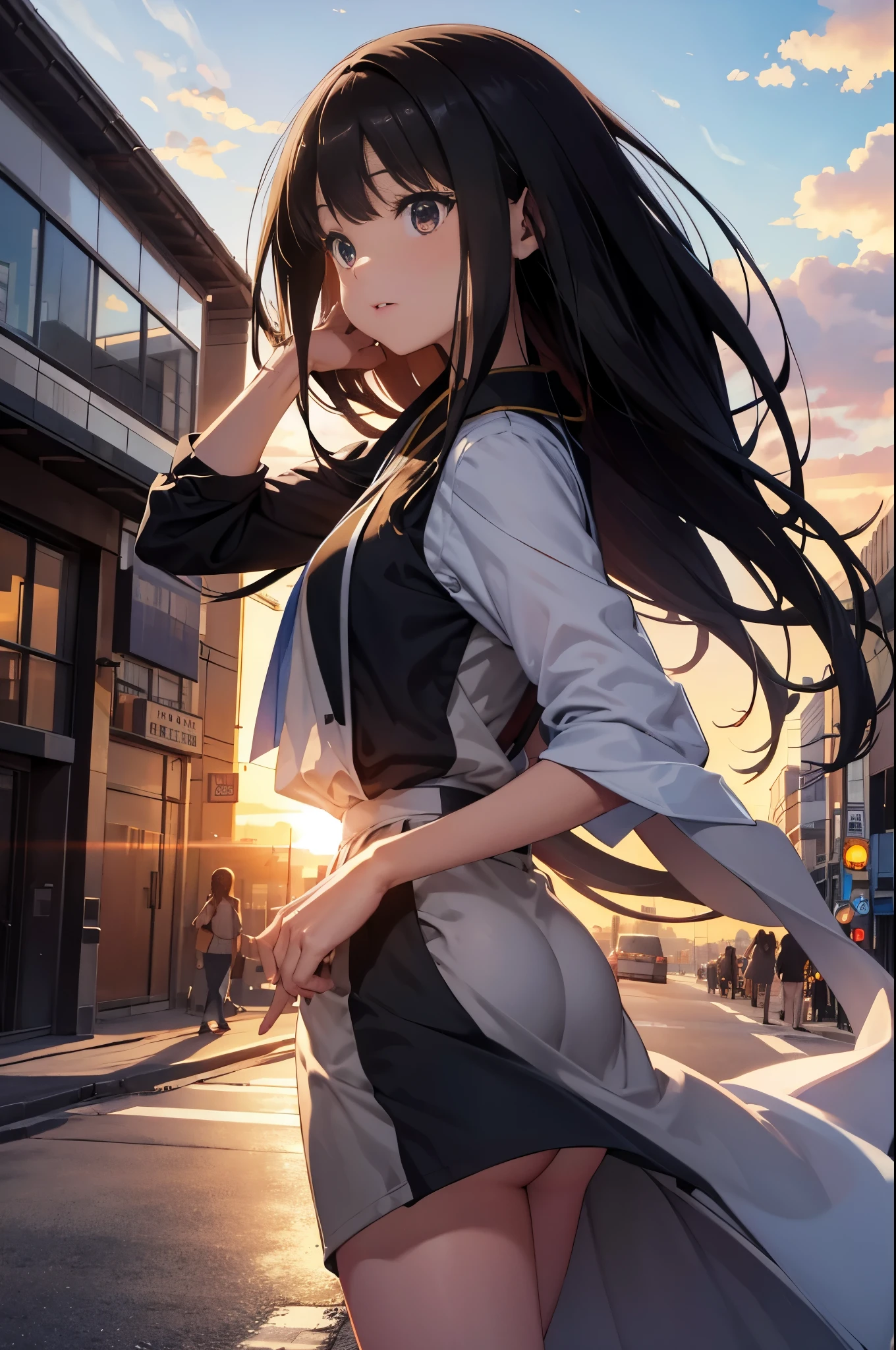 Image Quality　original characters、city girl、summer clothing、long black hair、A city made of Japanese glass wind chimes、huge entrance cloud、sunset
