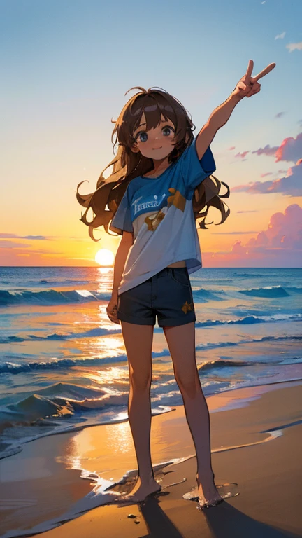 a cute church girl named Anna, light brown hair, long wavy hair, short sleeved blue wish week tshirt, shorts, on a sandy beach, sunset, standing in the sand, slight smile, peace sign pose