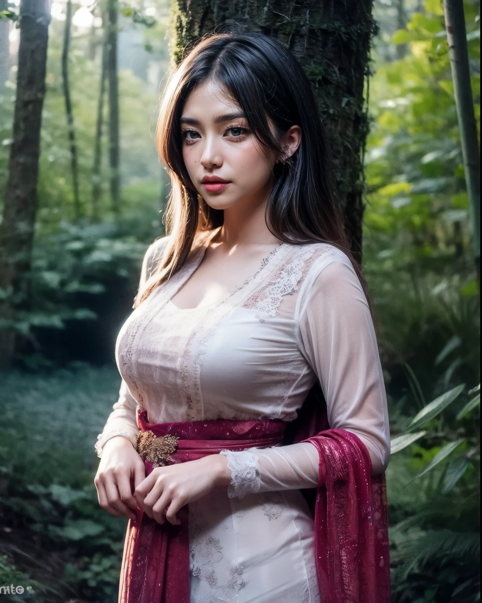 Create a photorealistic masterpiece of a beautiful woman with long hair wearing traditional Indonesian kebaya attire. Set her against a dark, forest backdrop with a captivating glow in the background and bokeh effect. Ensure the image quality is 8K with ultra-realistic details.,kebaya,kebaya indonesia