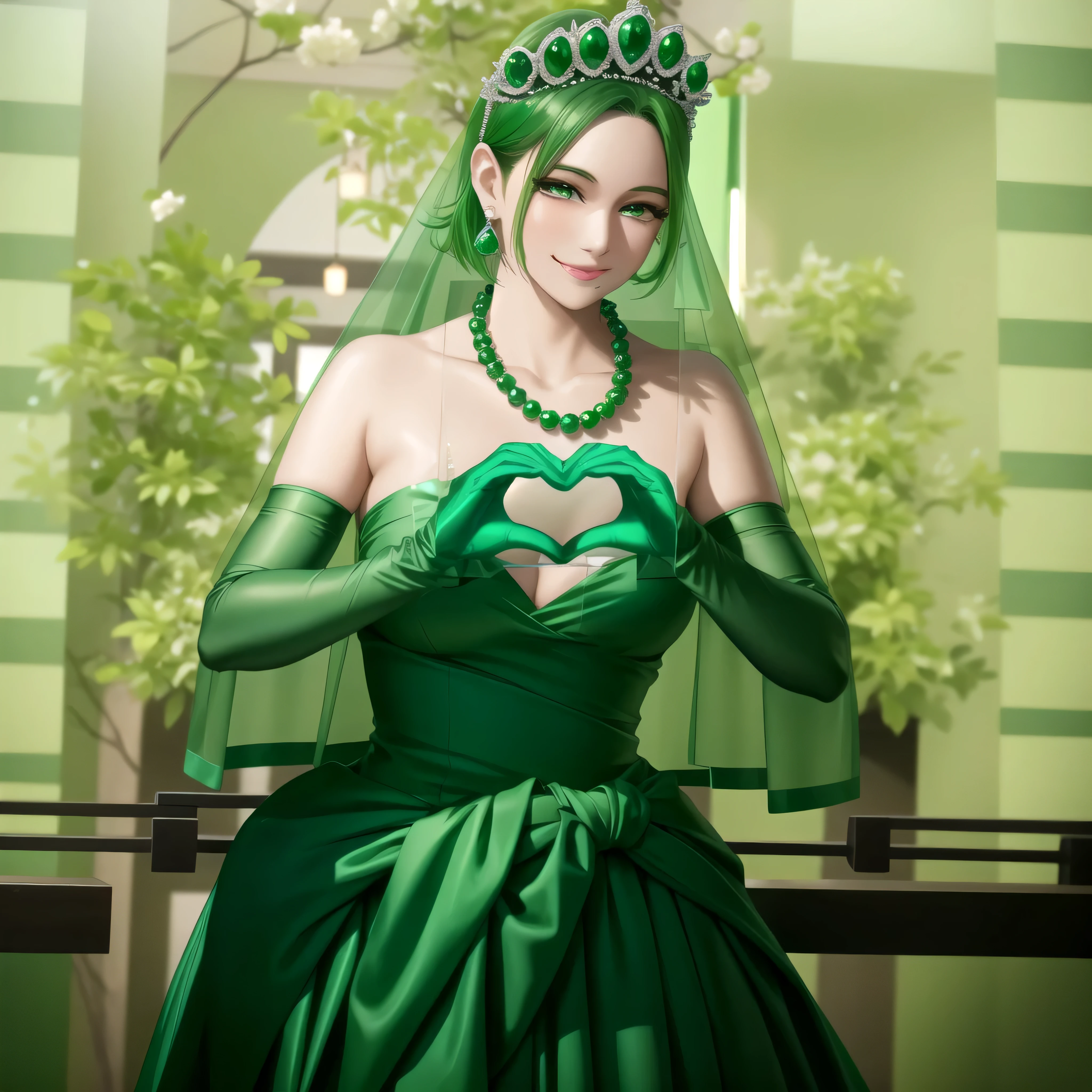 emerald tiara, Green Pearl Necklace, ボーイッシュな非常に短いgreen hair, green lips, smiling Japanese woman, very short hair, Beautiful woman with big breasts, green eyes, green satin long gloves, green eyes, emerald earrings, Green veil, Heart with both hands, green hair, beautiful japanese woman, heart shaped hands:1.3, green lip gloss