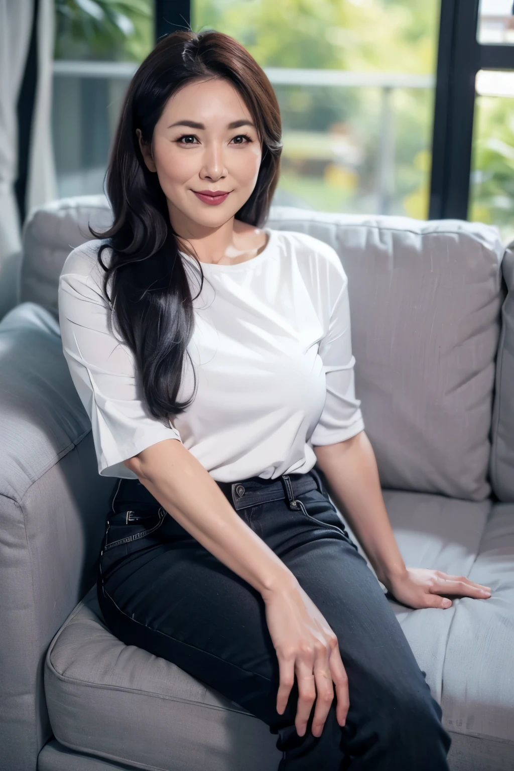 ((top quality、8k、masterpiece:1.3))、sharp focus, High level of image quality, high resolution，,gray shirt，short sleeve，black jeans，trousers，37-year-old woman with long wavy hair，Mature，charming smile，Draw lips correctly, red lipstick，Sitting on the sofa，Slightly fat，Big breasts，indoor background：Large luxury gray sofa，table，flower。Leg length，Stand next to the sofa，full-body shot