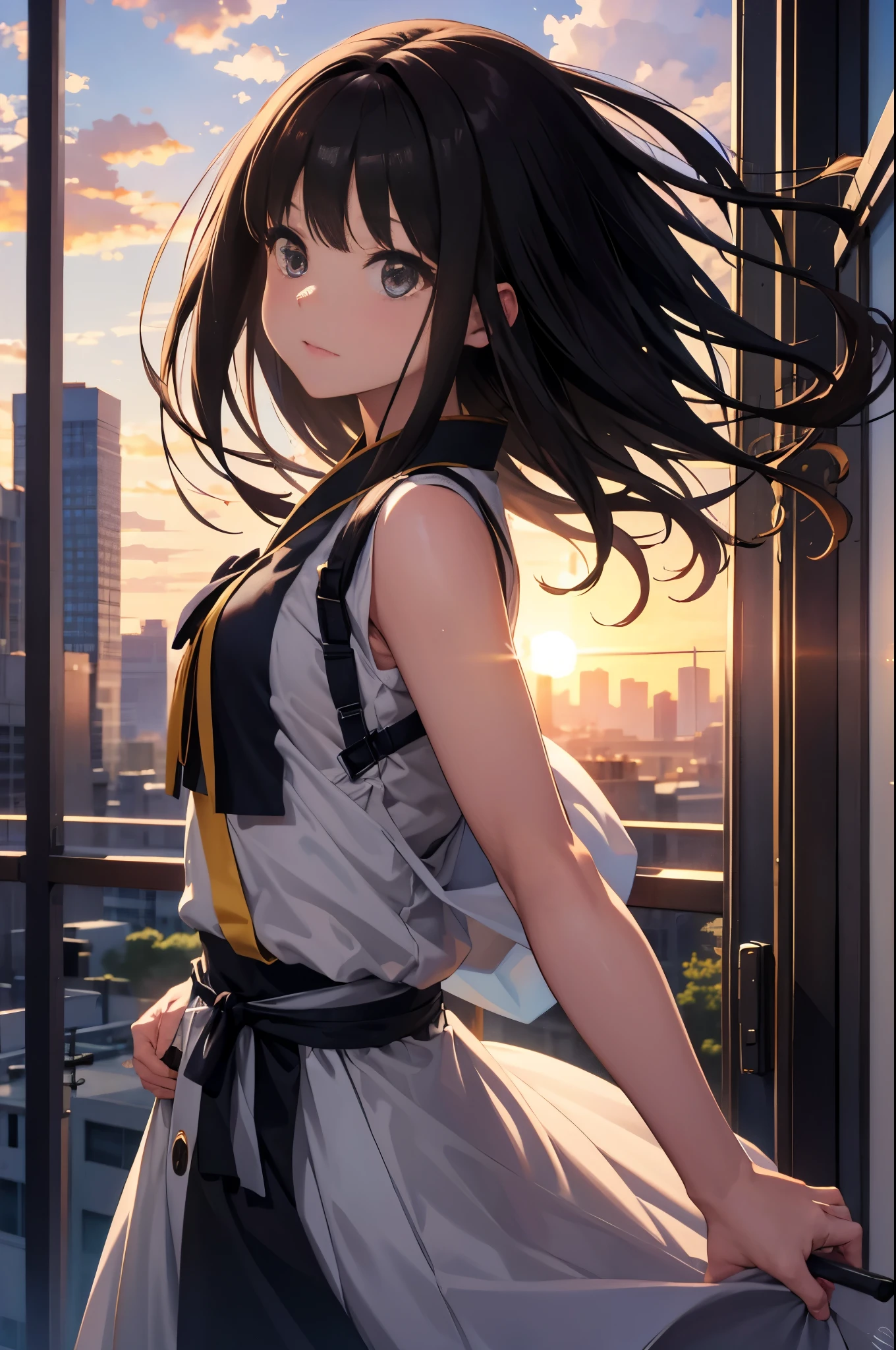 Image Quality　original characters、city girl、summer clothing、long black hair、A city made of Japanese glass wind chimes、huge entrance cloud、sunset