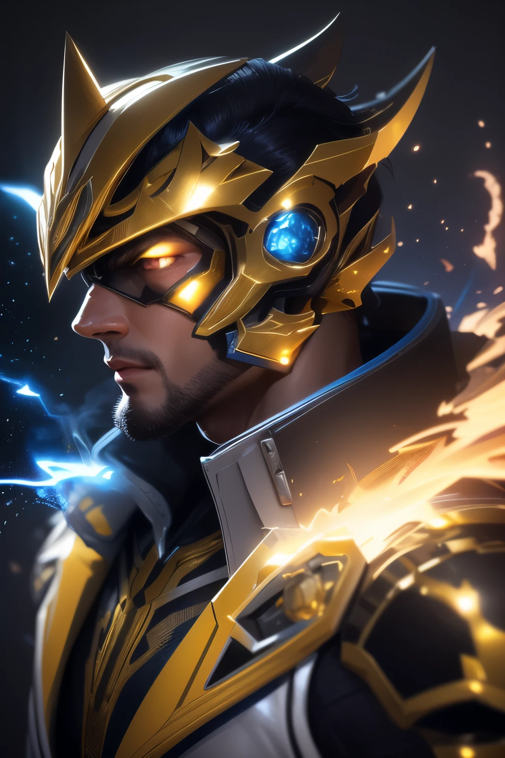 gloomy portrait of Gold Ranger Bull of the cosmic from Power Rangers, extremely detailed, futuristic cityscape, nighttime, glowing neon lights, smoke, sparks, metal shavings, flying debris, blue energy effects, volumetric light