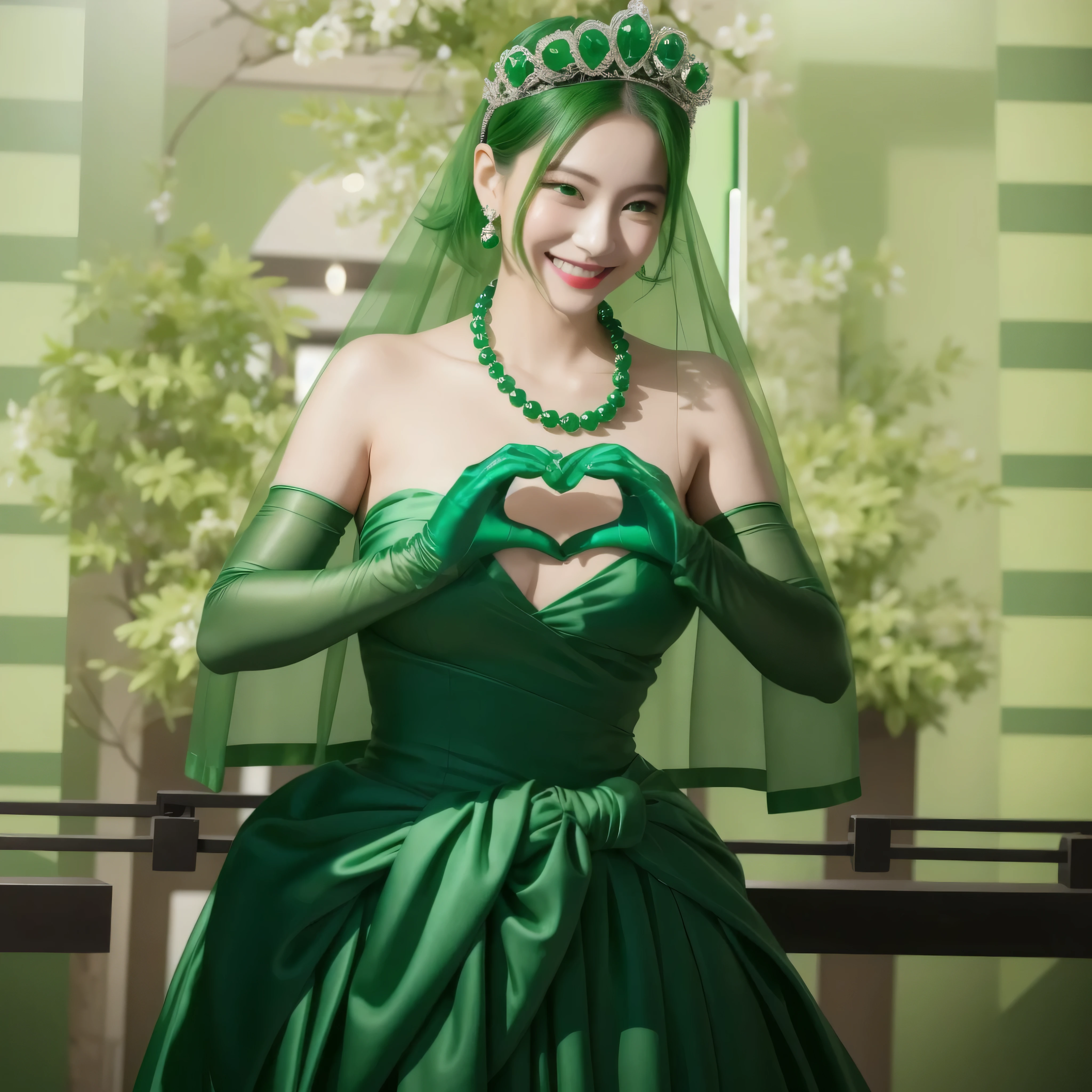 emerald tiara, Green Pearl Necklace, ボーイッシュな非常に短いgreen hair, green lips, smiling Japanese woman, very short hair, Beautiful woman with big breasts, green eyes, green satin long gloves, green eyes, emerald earrings, Green veil, Heart with both hands, green hair, beautiful japanese woman, heart shaped hands:1.3, green lip gloss