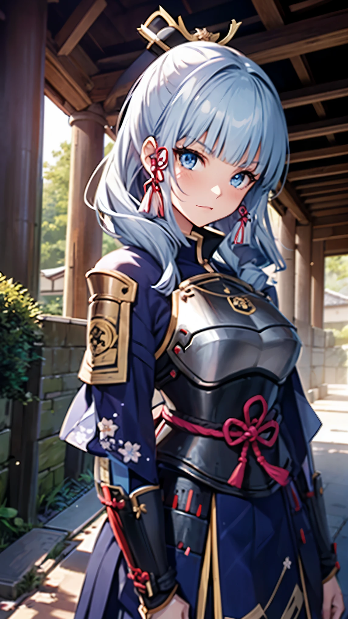 look at viewer, 1 girl,  best quality, blue hair, blue eyes, Japanese-style armor, sword in hand, Electrical, kamisato ayaka, whole body, blush, serious face、Super detailed、High level image quality、High resolution、Depth of the bounds written、castle town,Japanese sword with long blade,Out of lineup,war,war乱の世,general,fan