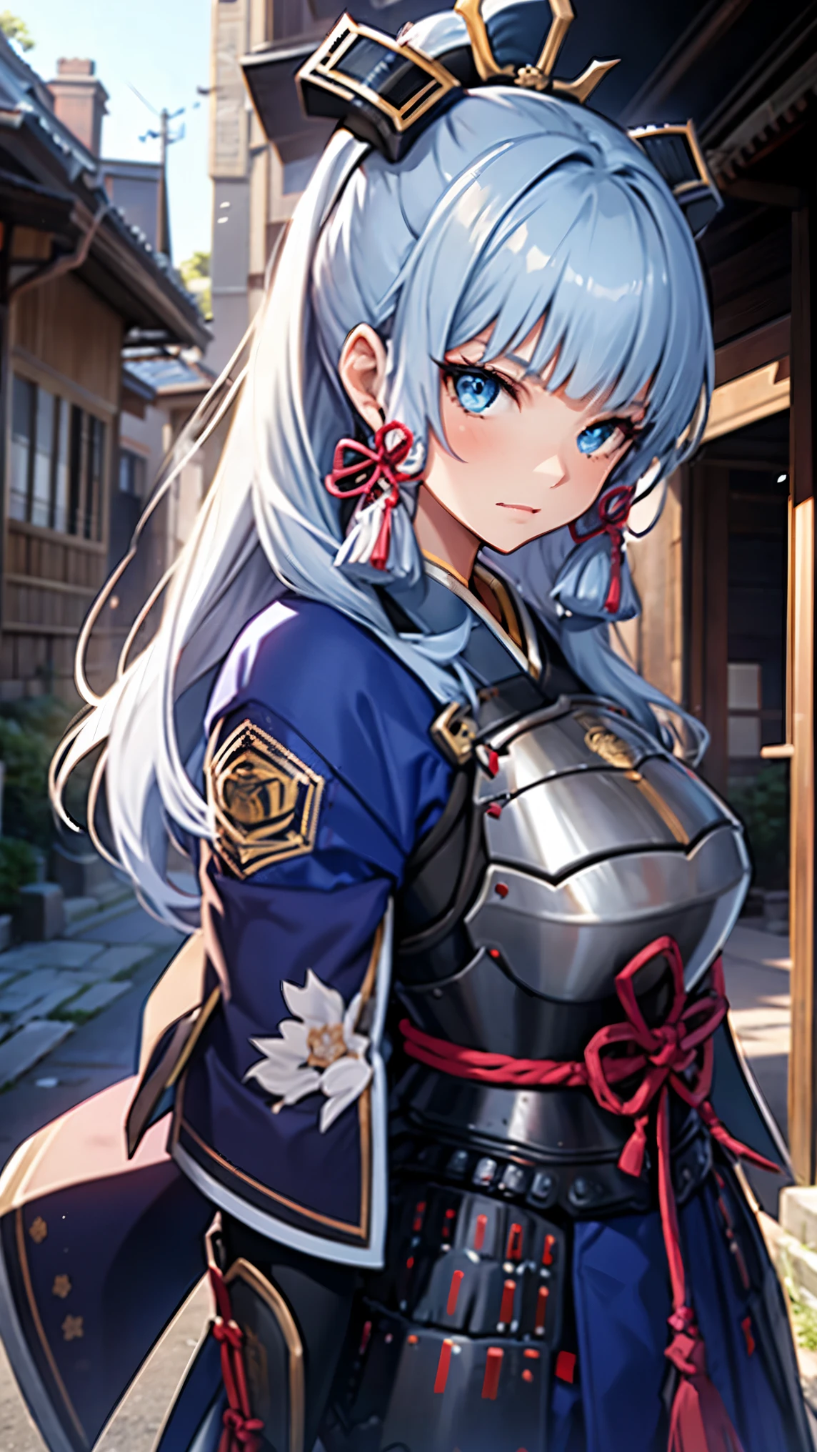 look at viewer, 1 girl,  best quality, blue hair, blue eyes, Japanese-style armor, sword in hand, Electrical, kamisato ayaka, whole body, blush, serious face、Super detailed、High level image quality、High resolution、Depth of the bounds written、castle town,Japanese sword with long blade,Out of lineup,war,war乱の世,general,fan