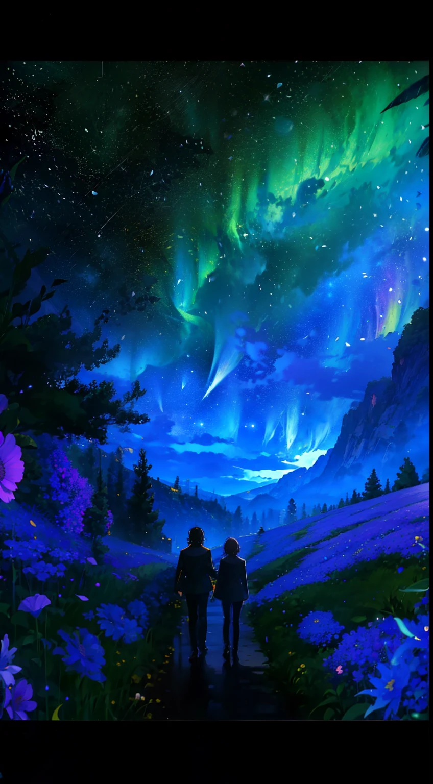 "tmasterpiece，top Quority，offical wallpaper，winning artwork，Top-down view，1 Tape，Rear shadow，In a sea of flowers，stargazing，As estrelas，themoon，meteors，Colorful shooting stars，Hair satisfied, an beautiful，4K"