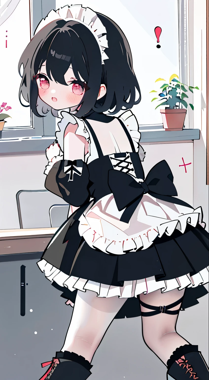 ****，short black hair，maid outfit，Black lace-up boots，white pantyhose，blush shy，classroom scene，demon