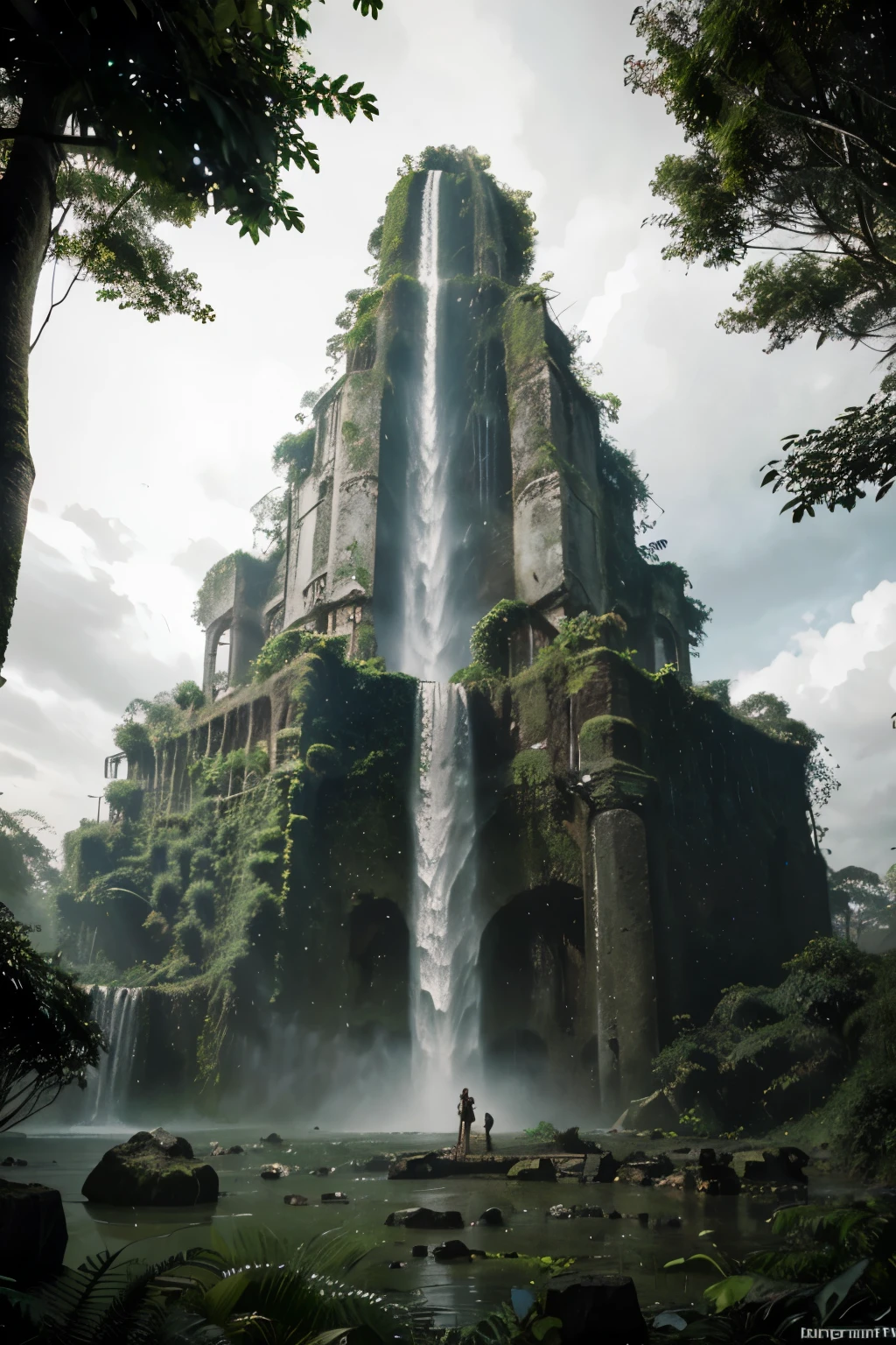 Waterfall in the jungle，There is a waterfall in the middle, ancient ruins and waterfalls, overgrown jungle ruins, environmental concept art, andreas rocha style, ancient overgrown ruins, ancient magical overgrown ruins, overgrown ruins, ancient overgrown! ruins, complex environment, ancient ruins in the forest, fantasy overgrown world, Beautiful concept art, ancient yet future