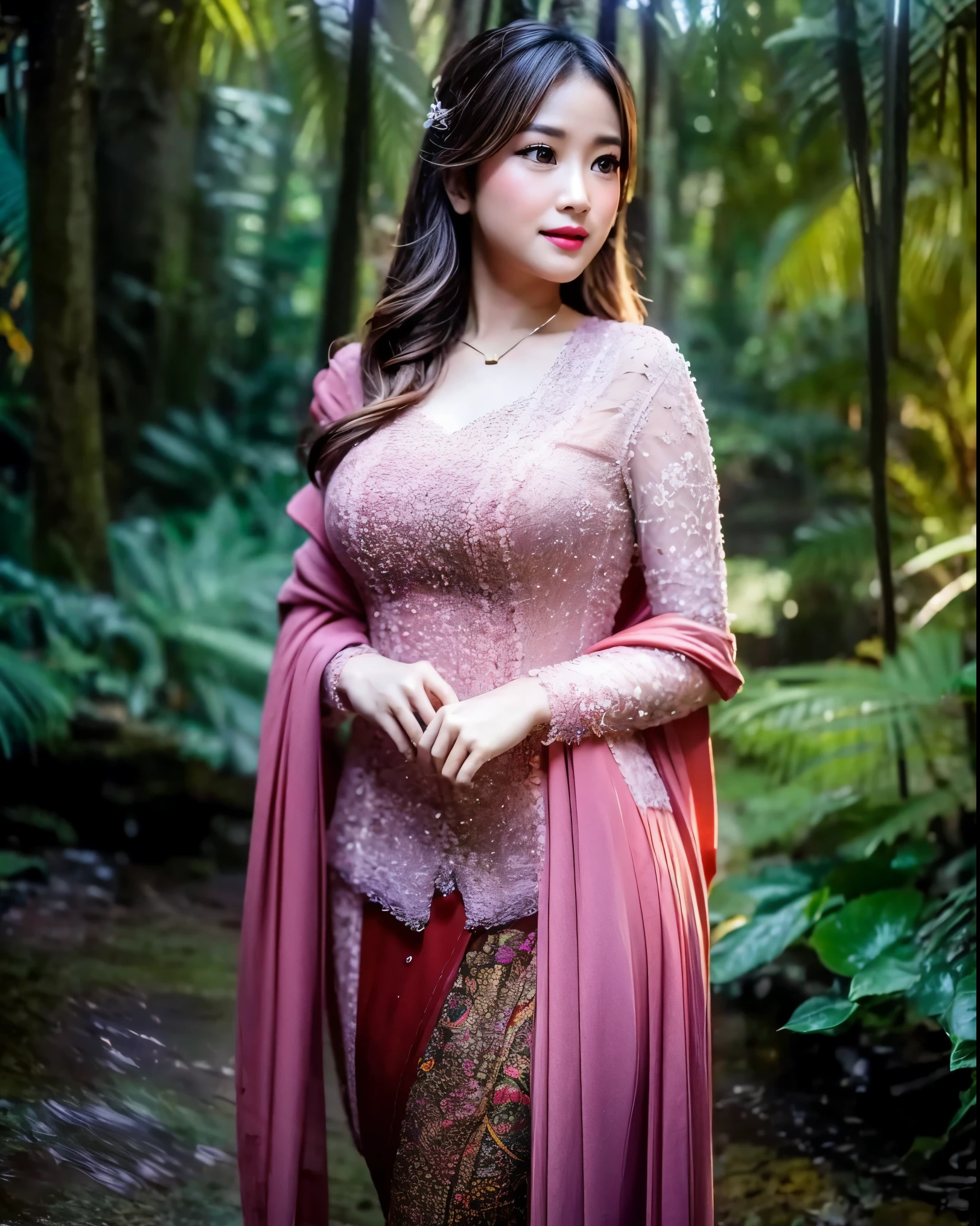 Create a photorealistic masterpiece of a beautiful woman with long hair wearing traditional Indonesian kebaya attire. Set her against a dark, forest backdrop with a captivating glow in the background and bokeh effect. Ensure the image quality is 8K with ultra-realistic details.,kebaya,kebaya indonesia