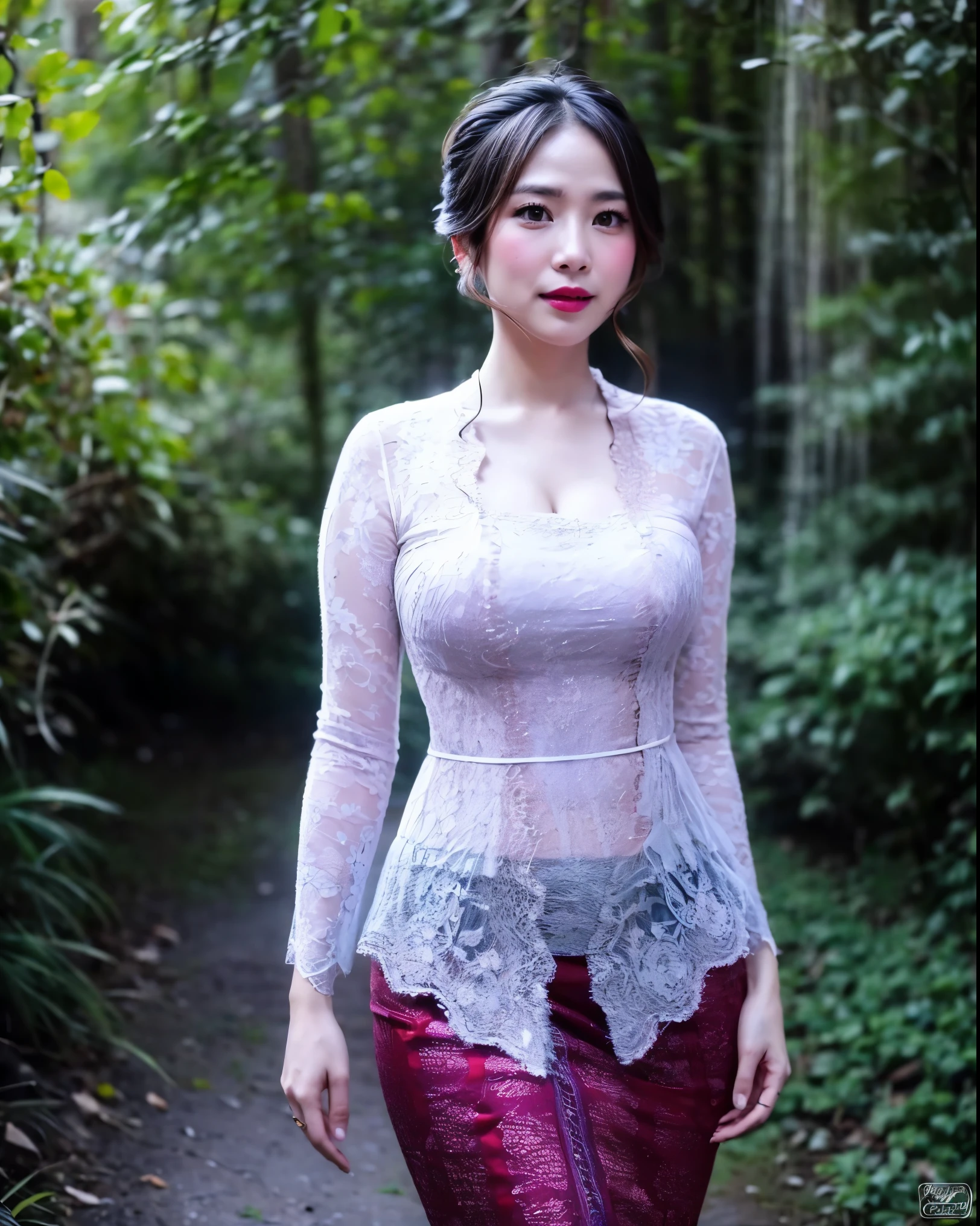 Create a photorealistic masterpiece of a beautiful woman with long hair wearing traditional Indonesian kebaya attire. Set her against a dark, forest backdrop with a captivating glow in the background and bokeh effect. Ensure the image quality is 8K with ultra-realistic details.,kebaya,kebaya indonesia