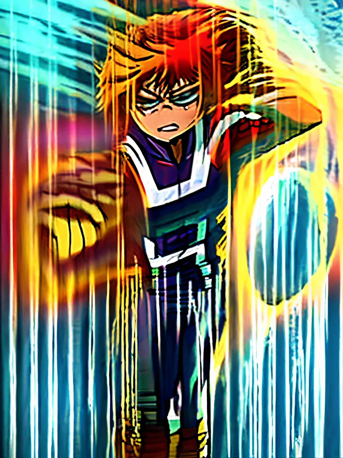 Kira era uma jovem de 1,60m, with wavy red hair that fell softly over her shoulders. His golden eyes shone with determination. Dressed in a black and red hero uniform, com detalhes em dourado ou laranja representando chamas, Kira wore a stylish mask with a hood attached to protect against the intense heat.. Seu traje, feito de material resistente ao fogo, hugged your body for freedom of movement. Its retractable wings, com bordas flamejantes em dourado ou laranja, eram sua marca registrada. With heat resistant gloves and reinforced boots, she was ready to face any challenge like a true fire hero.