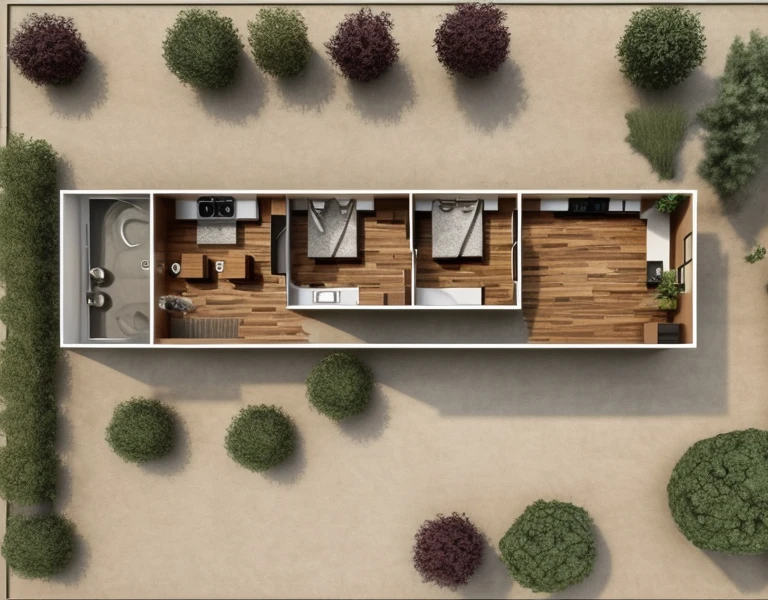 a drawing of a floor plan of a two bedroom apartment, floor plan, floor plan view, layout, architectural plan, plan drawing, layout of map, 2 5 6 x 2 5 6, 256x256, plan, single floor, overhead ground floor, petspective room layout, layout design, building plans, 2 d overhead view, floor b2, Drawing the interior of the house on the floor plan of 5m wide, 20.4m long, 600 x 600 mm wooden tiles, modern brown cowhide leather sofa living room, bedroom combined with walnut cabinets, kitchen with stone pedestal , white sink, yellow tiled toilet, wooden door, washing machine, refrigerator, raw image, high quality image, create window with best daylight, EU5 quality render