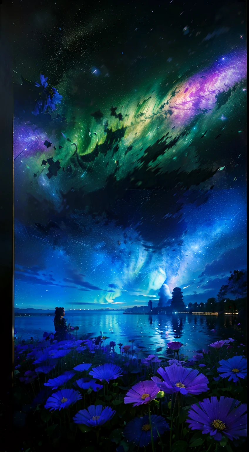 "tmasterpiece,top Quority,offical wallpaper,winning artwork,Top-down view,1 Tape,Rear shadow,In a sea of flowers,stargazing,As estrelas,themoon,meteors,Colorful shooting stars,Hair satisfied, an beautiful,4K"