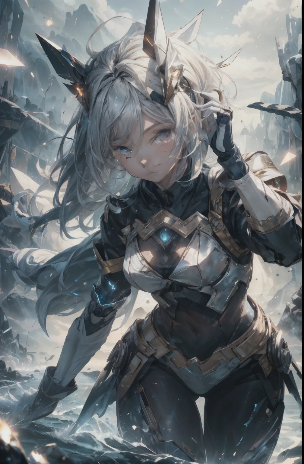 masterpiece, highest quality, 1 girl, magician, Mystical Emoji, Magical effects such as flash and energy, Flowing robes and seductive outfits, 魔法のbornき物や神秘的な背景, edge lighting, side lighting, cinematic light, ultra high resolution, 8k UHD, film grain, best shadow, delicate, born, particles of light, fine skin texture, fine cloth texture, beautiful face, Mekasum, robot arm, headgear, tights, combat readiness, How to hold a sword, attack, addition_Dadir :1.5