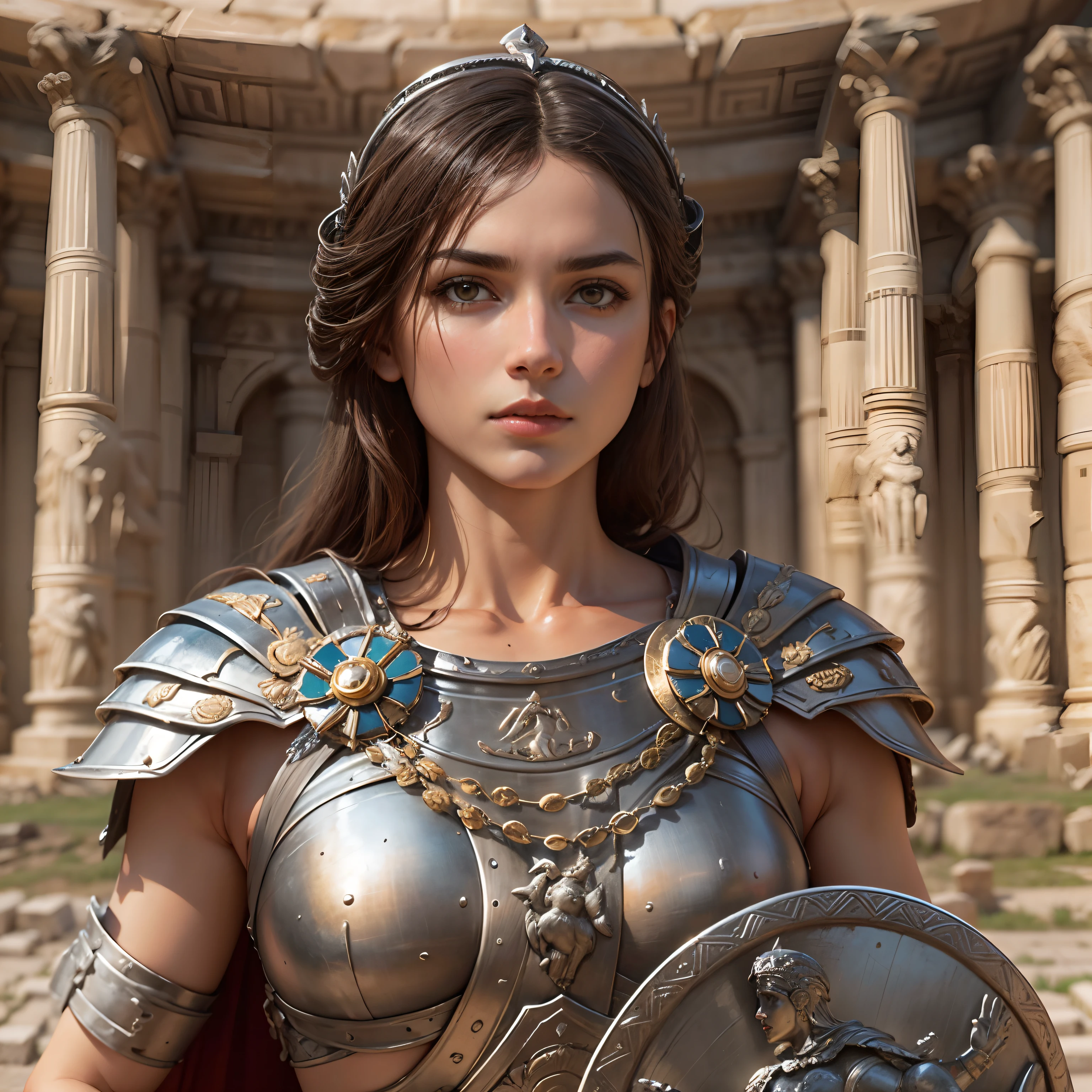 Female sacred fighter, brown eyes, brown hair, fair skin, stylish and beautiful, serious and friendly, slender, silver plate armor, silver corinthian helmet, armed with spear and hoplite round shield, super accurate description of hands, Standing in front of an ancient Greco-Roman temple with a statue of Goddess Athena, epic fantasy art, photorealistic, super high quality, super high detail, masterpiece, 4k, 8k, HDR