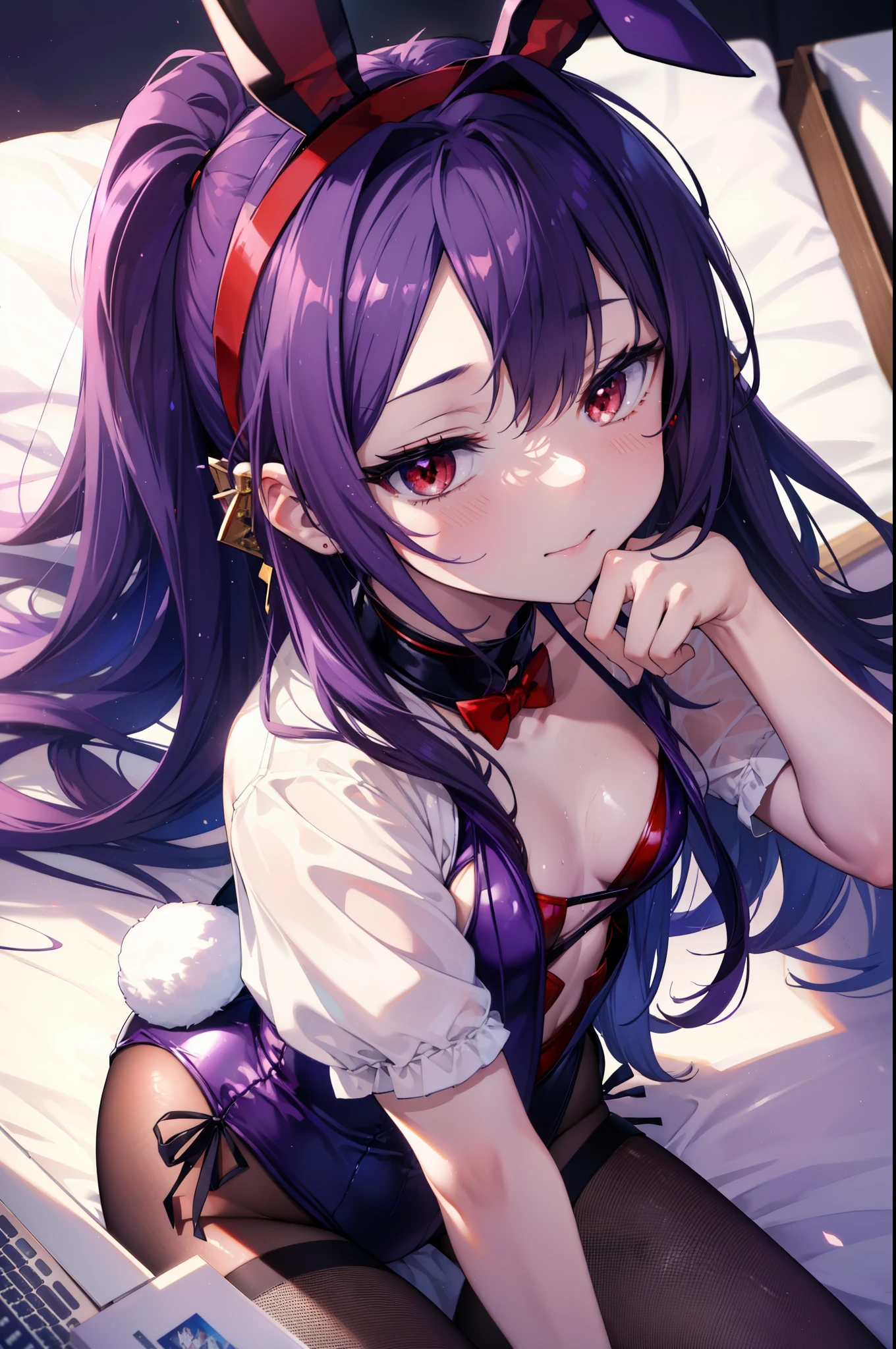 yuukikonno, Yuki Konno, hair band, long hair, pointed ears, purple hair, (red eyes:1.5), (small breasts:1.2), open your mouth,grinning purple leotard,purple bunny ears headband,Fishnet tights,Pin Heel Heel,(Bunny girl:1.5),(purple playboy bunny:1.0),sexy pose on bed,
break looking at viewer, Upper body, whole body,
break indoors, Bedroom,
break (masterpiece:1.2), highest quality, High resolution, unity 8k wallpaper, (figure:0.8), (detailed and beautiful eyes:1.6), highly detailed face, perfect lighting, Very detailed CG, (perfect hands, perfect anatomy),
