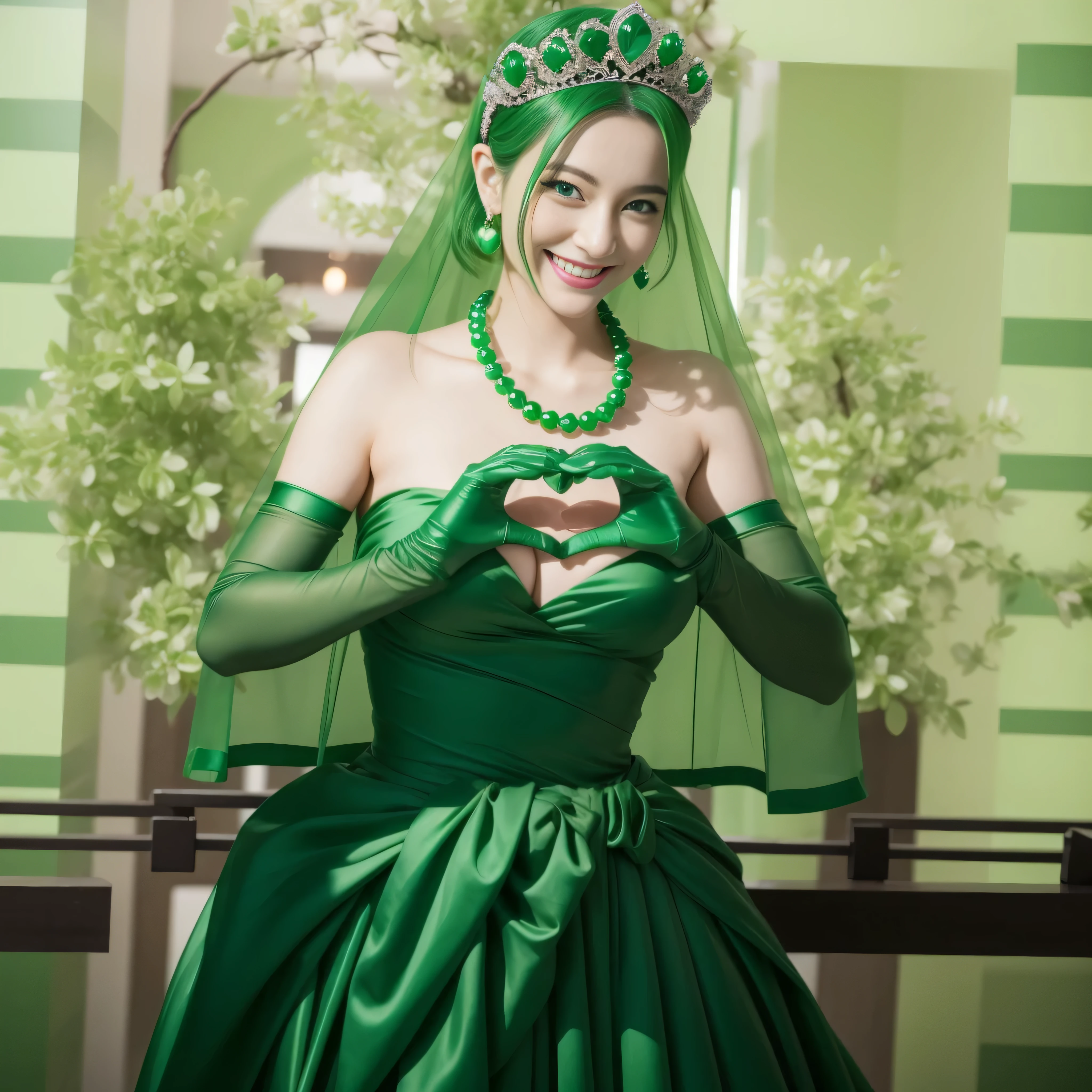 emerald tiara, Green Pearl Necklace, ボーイッシュな非常に短いgreen hair, green lips, Woman in her 30s Japan smiling, very short hair,  Beautiful woman with big breasts, green eyes, green satin long gloves, green eyes, emerald earrings, Green veil, Heart with both hands, green hair, beautiful japanese woman, heart shaped hands:1.3, green lip gloss