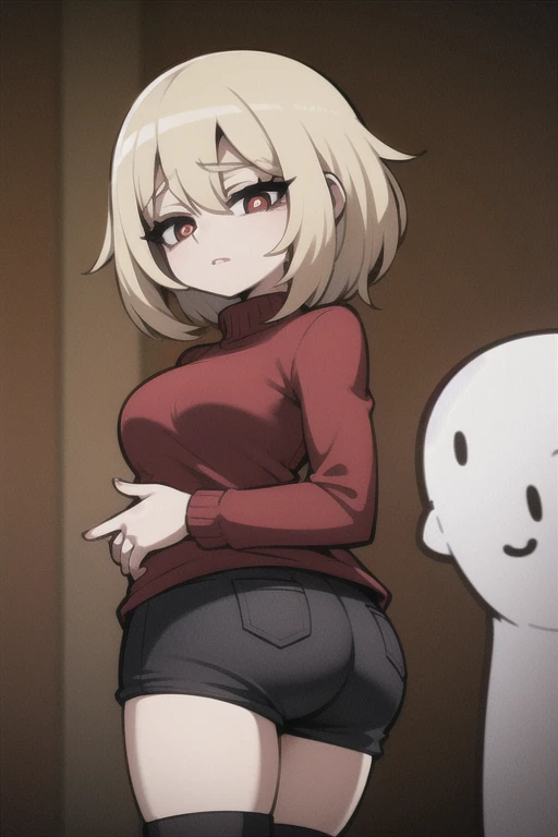 18 years old,woman,short height,obese,plump ass,plump breasts,Lovely looks,Short white fluffy hair,fair skin,red pupils, white eyelashes,fleshy lips,white sweater,black coat,Black mini shorts,A pair of black boots,The environment forest is eerie and strange,There are very scary ghosts,Eyes empty and lifeless,Have slight dark circles