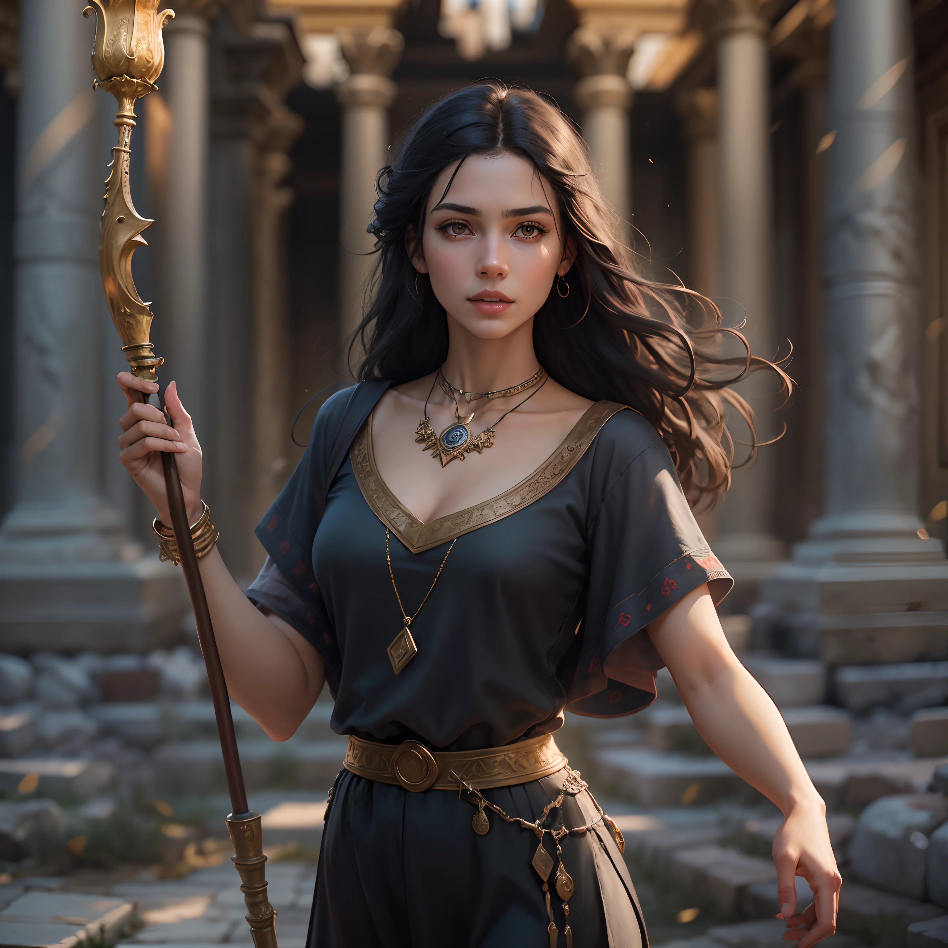 Female wizard, dark eyes, dark hair, fair skin, intelligent and beautiful, cheerful and friendly, slender, tight black top and bottom, golden necklace, holding magic staff, super accurate description of hands, Strolling through an ancient Greco-Roman city, epic fantasy art, photorealistic, super high quality, super high detail, masterpiece, 4k, 8k, HDR