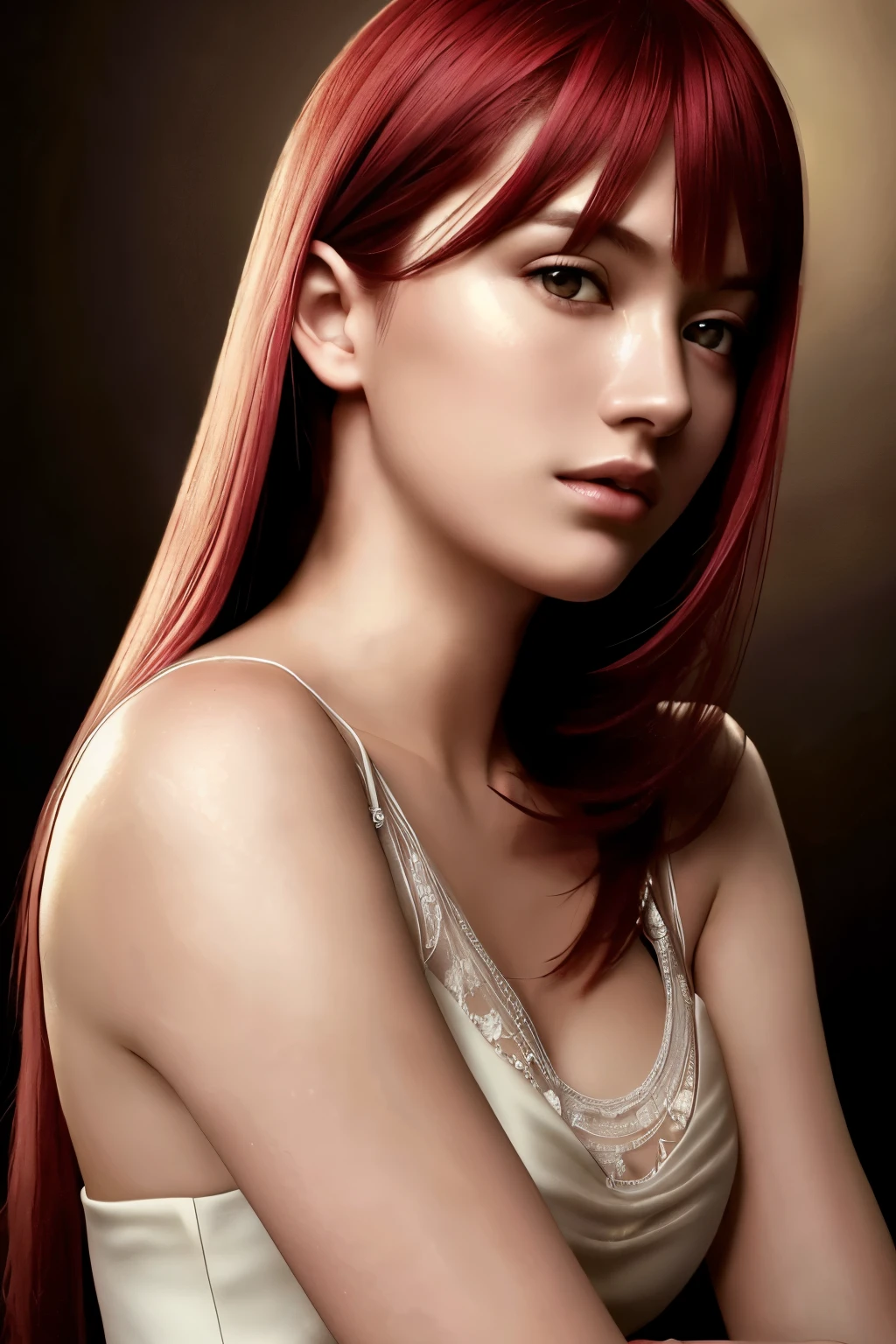 RAW photograph, best quality, masterpiece, an extremely delicate and beautiful, extremely detailed, CG, unity, 8k wallpaper, Amazing detailed, finely detailed, masterpiece, best quality, official art, extremely detailed CG unity 8k wallpaper, ultra-detailed, highres, extremely detailed, clear, focused, (best quality), (realistic, photo-realistic:1.6), 8k, soft lighting, high quality, cinematic lighting, 1girl, centered, full body, redhead, (sweat:1), perfect fingers, long hair