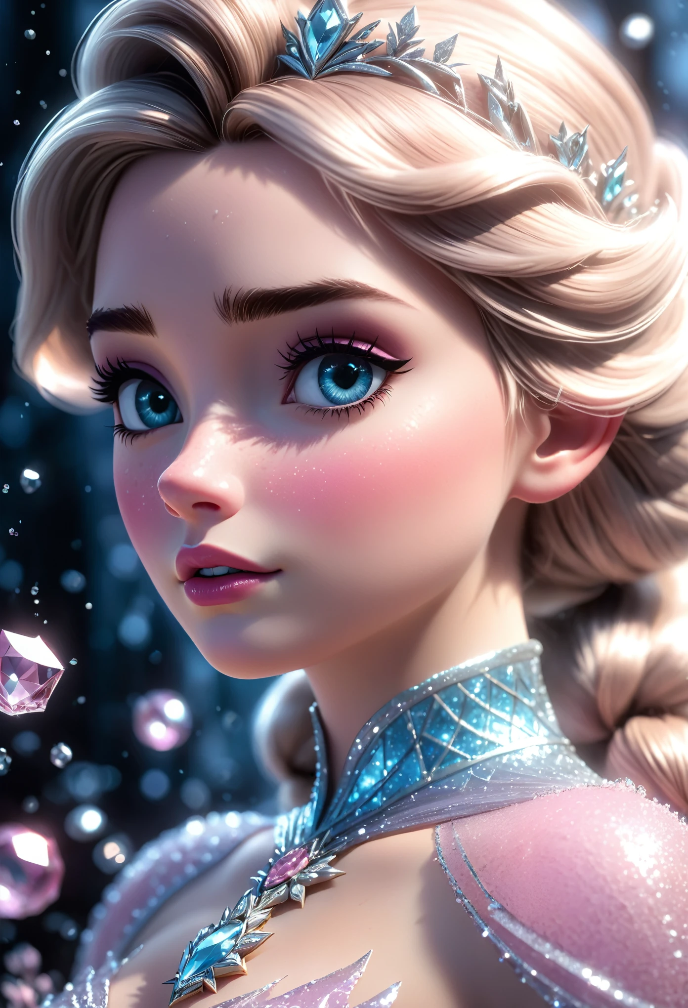 (elsa frozen-rose quartz SU mezclando modelos .) (ultra FUSION) Highly detailed CG unity 8k wallpaper, style shot, complex, high detail, dramatic, highest quality movie still image, very detailed, masterpiece, best quality, character design, Elsa, Elsa from Frozen,Pink Diamond fusion (( Dark style)), realistic ultra-detailed rendering style, natural light, sharp character design, (hard focus, 8k), (((natural skin texture))), 8k textures, soft cinematic lighting, adobe lightroom, dark room, hdr, Sophisticated, Elegant, Rich Detail, Sharp Focuilm Look) )), Soothing Tones, Detail Frenzy, Intricate Detail, Super Detail, Low Contrast, Soft Film Lighting, Dull Colors, Exposure Blending, HDR, Fade, 35mm, f/1.4, ISO64, f16, 25 sec.