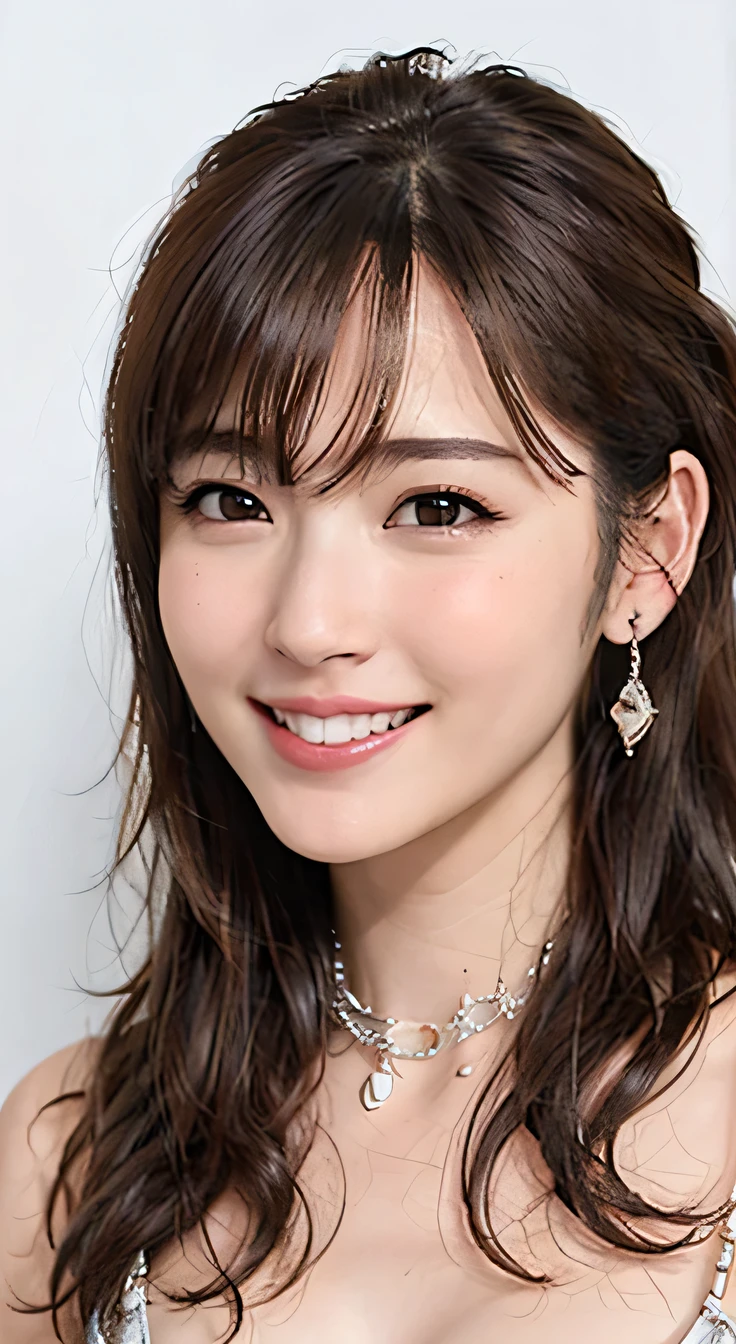 highest quality, whole body, masterpiece, dark eyebrows, ultra high resolution, realistic, very detailed, professional lighting smile, eagle nose, black hair、dark eyeliner、ear piercing、necklace around neck、shy smile、white teeth、please open your mouth wide、hairstyle semi long