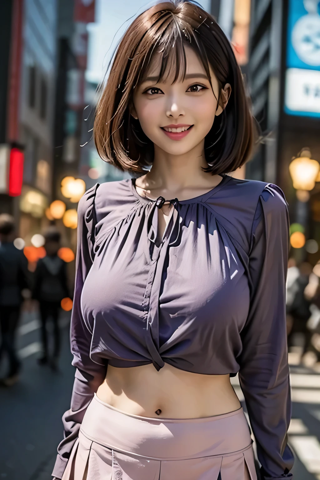 (Photoreal:1.4), (Super detailed), (highest quality), (best shadow), (masterpiece), ultra high resolution, 1 female, beautiful ripe year, bob hair, (light purple fancy blouse), (red tight mini skirt), light pink panties, (big breasts), smile, written boundary depth, perfect lighting, With background: (Tokyo Ginza street)