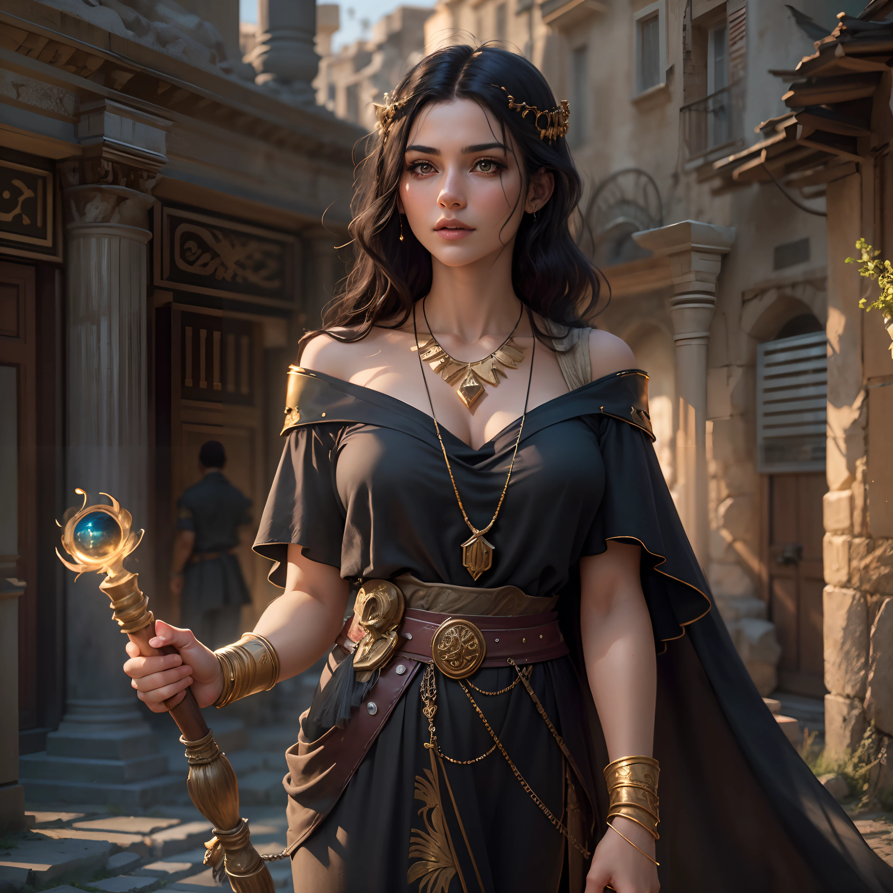 Female wizard, dark eyes, dark hair, fair skin, intelligent and beautiful, cheerful and friendly, slender, tight black top and bottom, golden necklace, holding magic staff, super accurate description of hands, Strolling through an ancient Greco-Roman city, epic fantasy art, photorealistic, super high quality, super high detail, masterpiece, 4k, 8k, HDR